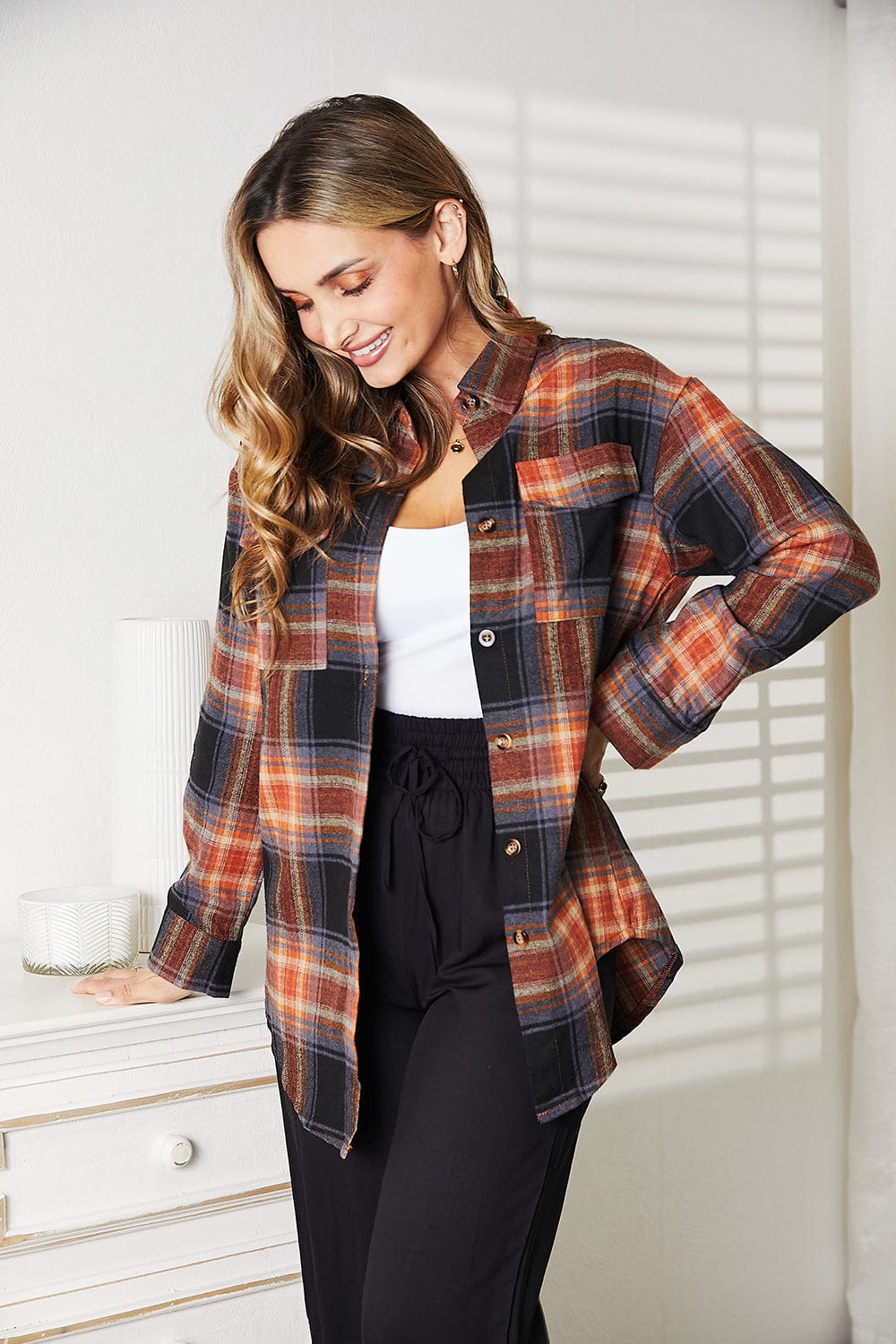 Trendsi Fall Plaid Dropped Shoulder Shirt Plaid Dropped Shoulder Shirt