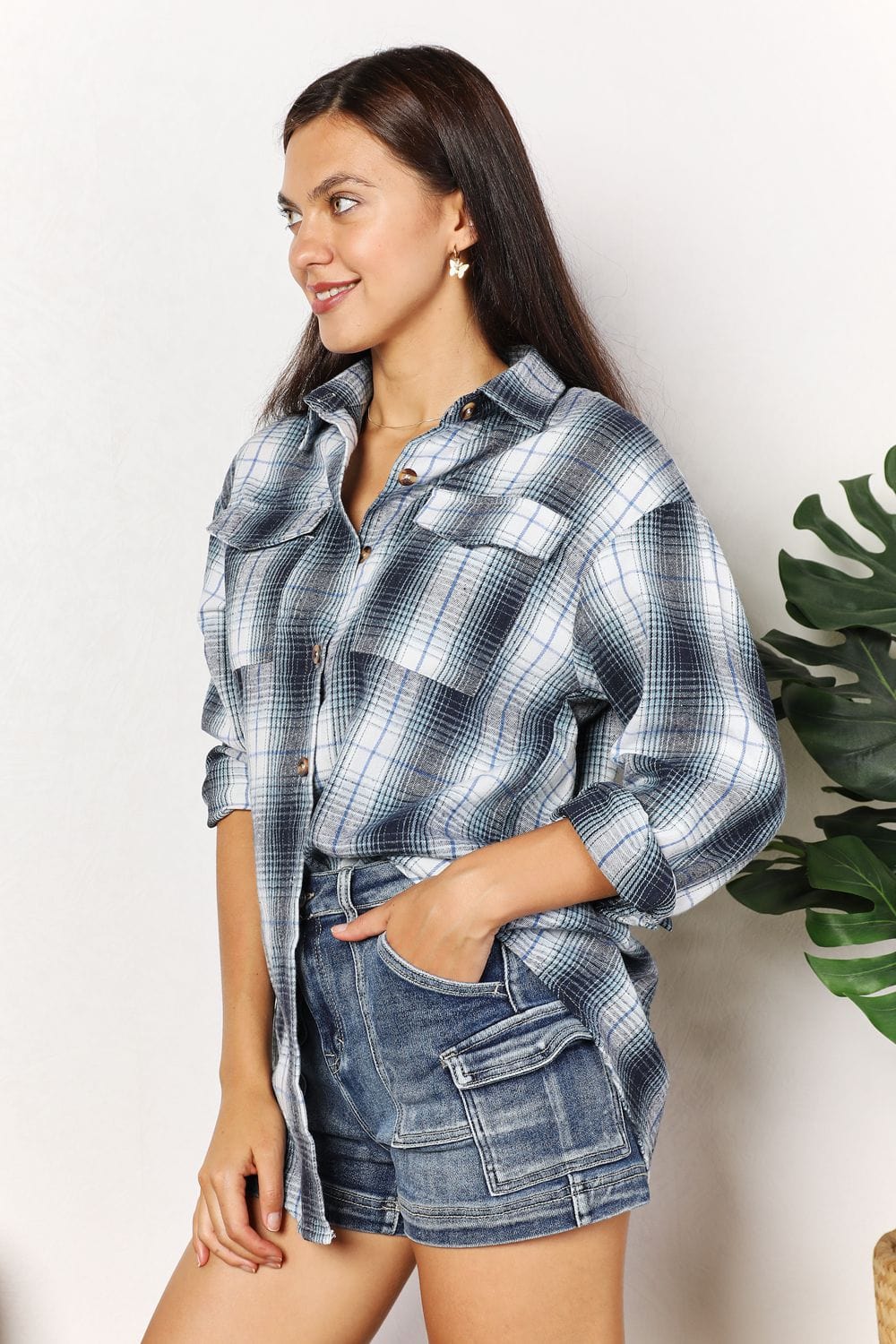 Trendsi Fall Plaid Dropped Shoulder Shirt Plaid Dropped Shoulder Shirt