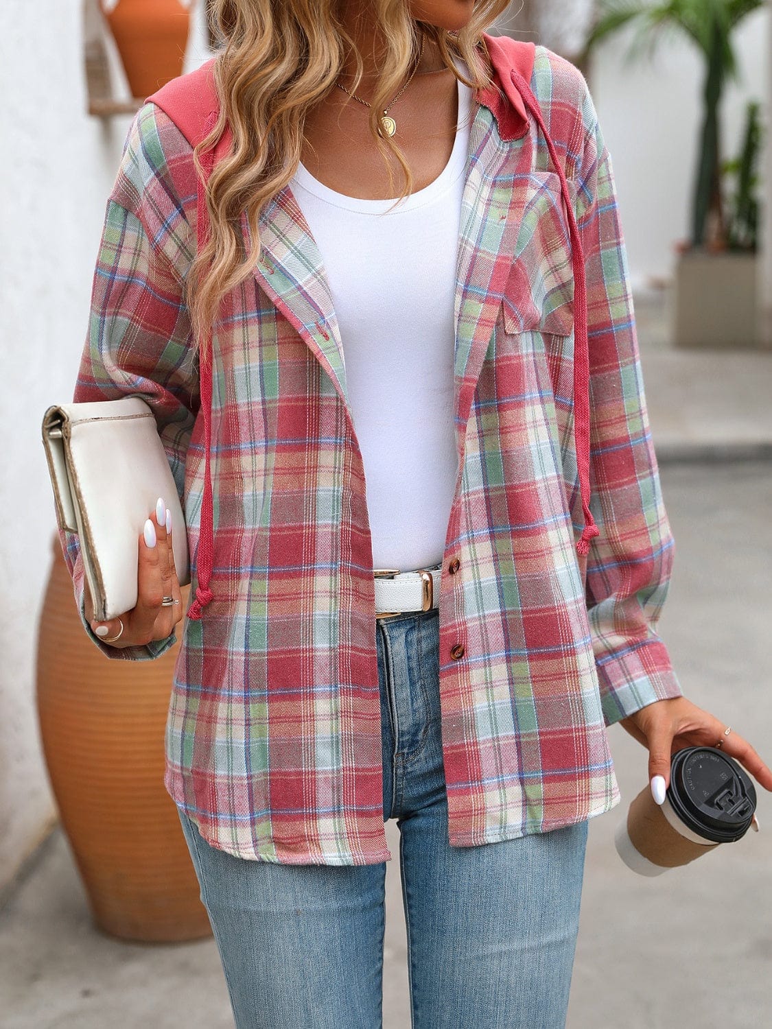 Trendsi Fall Plaid Long Sleeve Hooded Jacket Plaid Long Sleeve Hooded Jacket