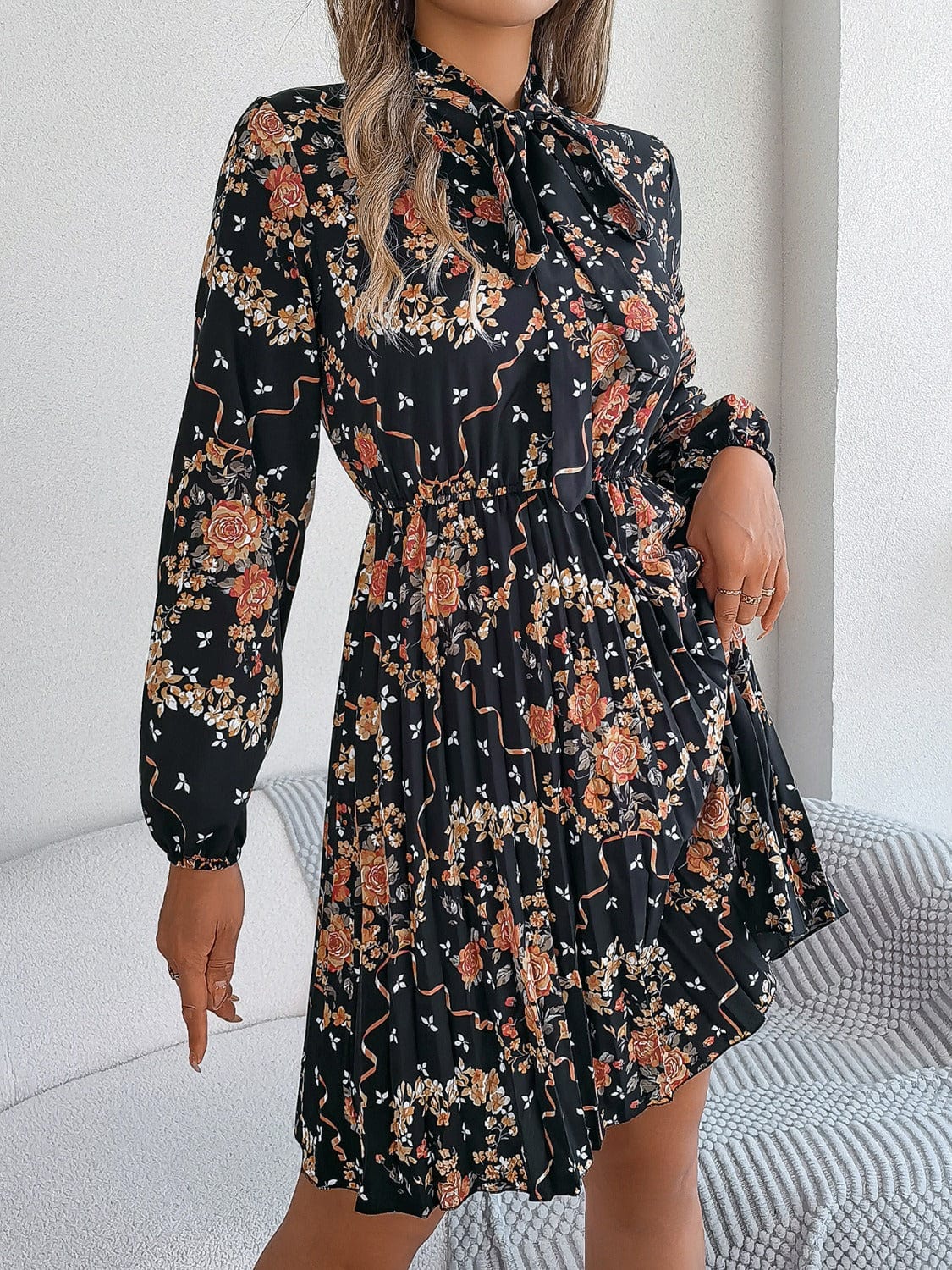 Trendsi Fall Pleated Printed Tie Neck Long Sleeve Dress Pleated Printed Tie Neck Long Sleeve Dress