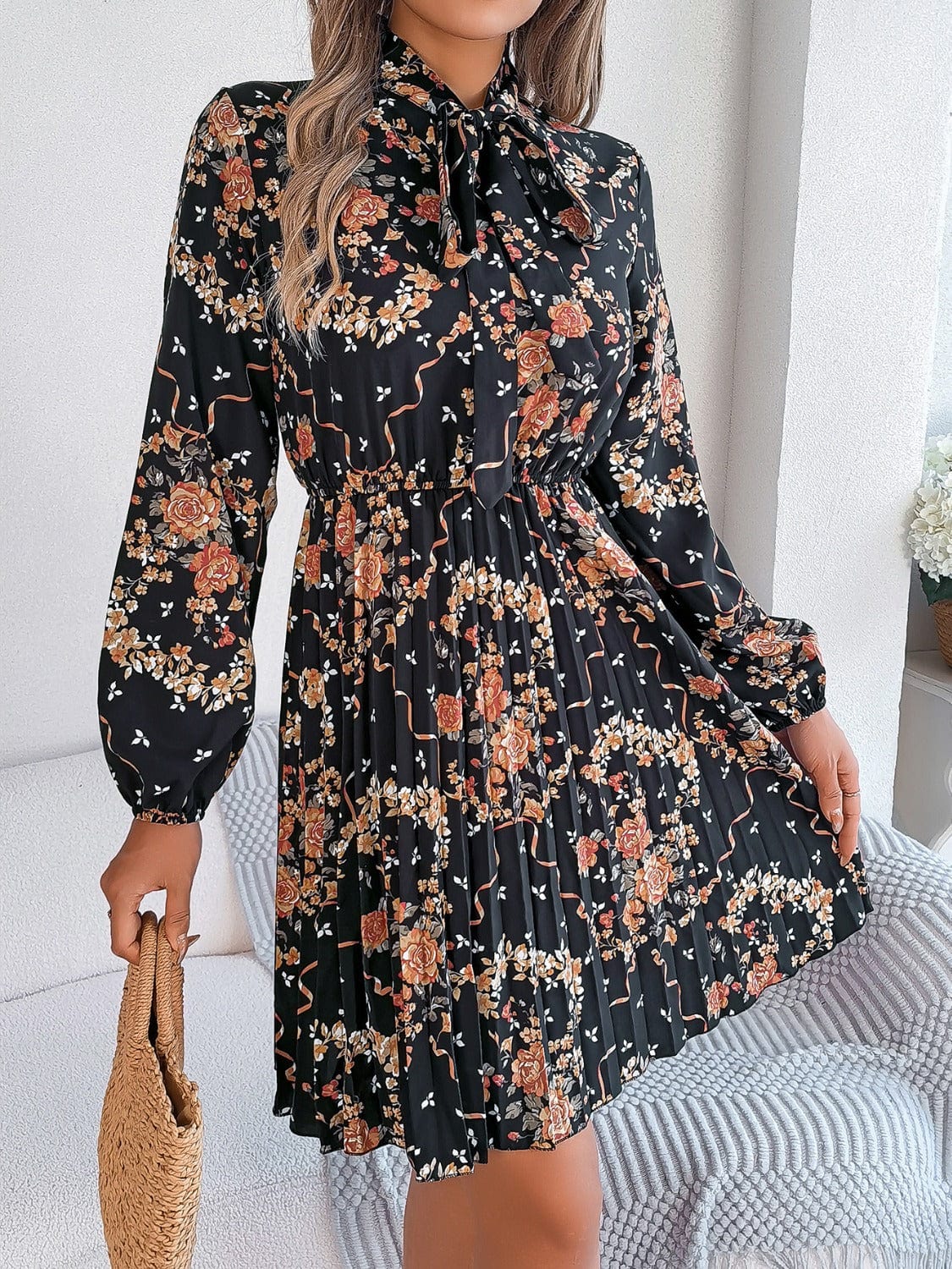 Trendsi Fall Pleated Printed Tie Neck Long Sleeve Dress Pleated Printed Tie Neck Long Sleeve Dress