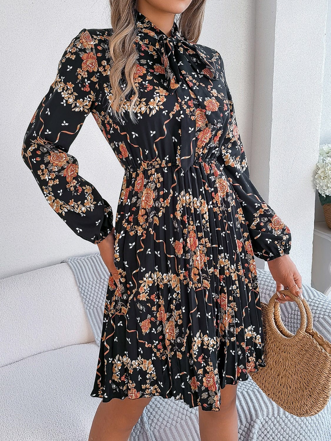 Trendsi Fall Pleated Printed Tie Neck Long Sleeve Dress Pleated Printed Tie Neck Long Sleeve Dress
