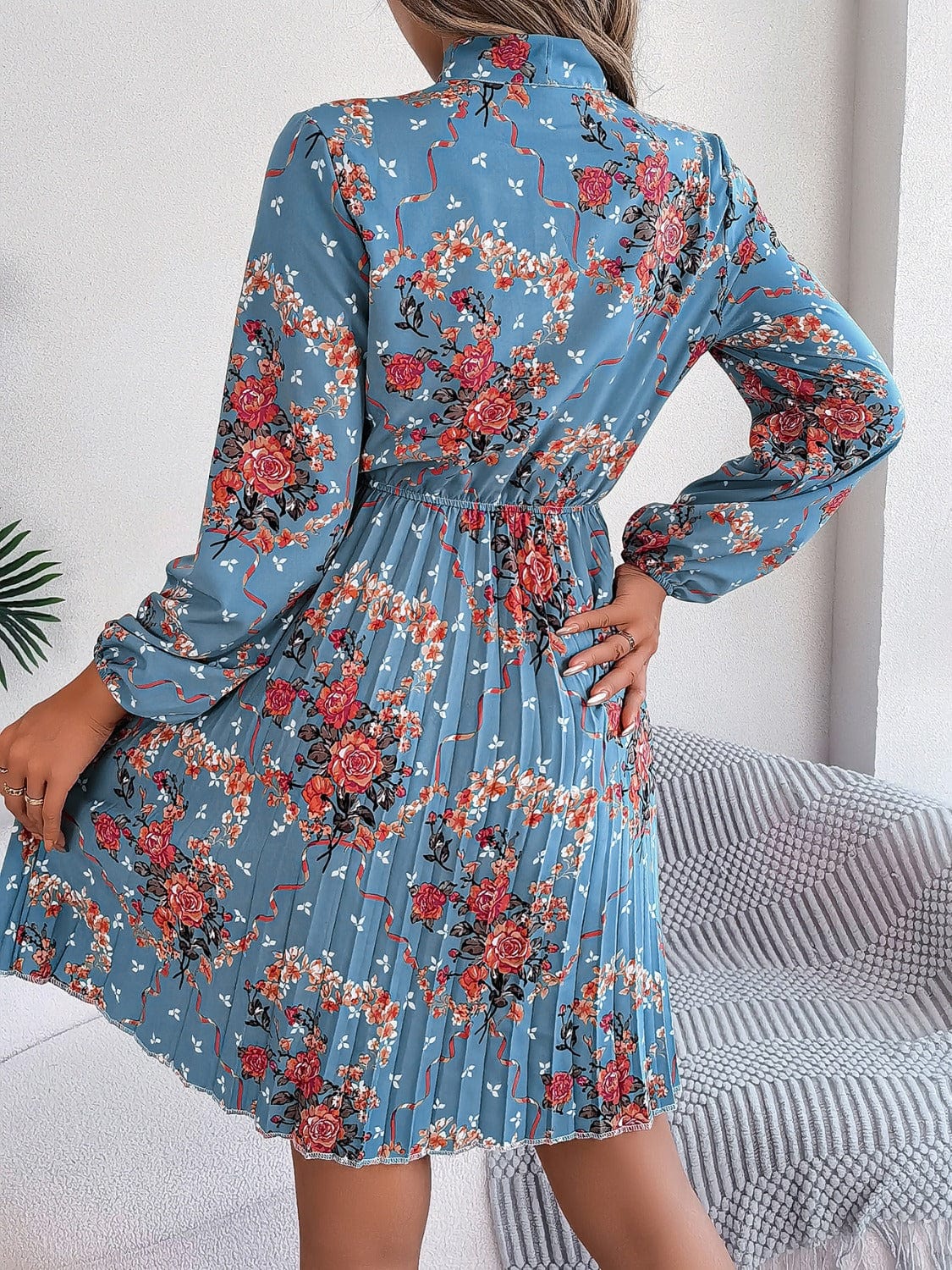Trendsi Fall Pleated Printed Tie Neck Long Sleeve Dress Pleated Printed Tie Neck Long Sleeve Dress