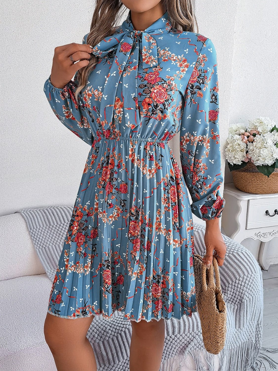 Trendsi Fall Pleated Printed Tie Neck Long Sleeve Dress Pleated Printed Tie Neck Long Sleeve Dress