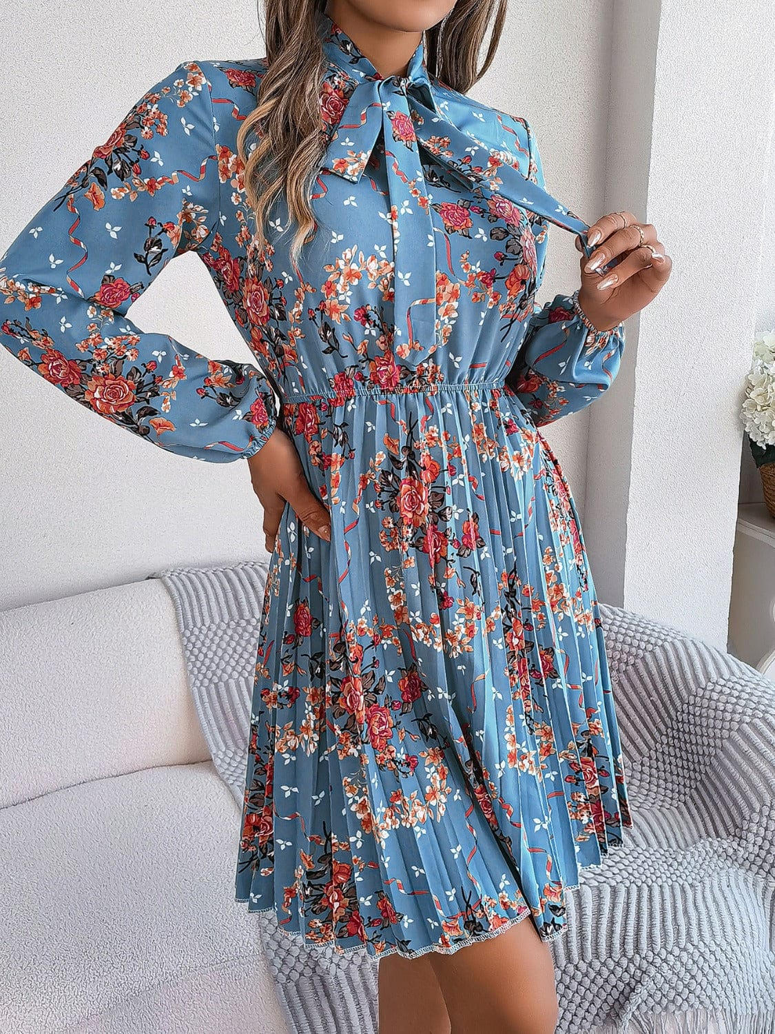 Trendsi Fall Pleated Printed Tie Neck Long Sleeve Dress Pleated Printed Tie Neck Long Sleeve Dress