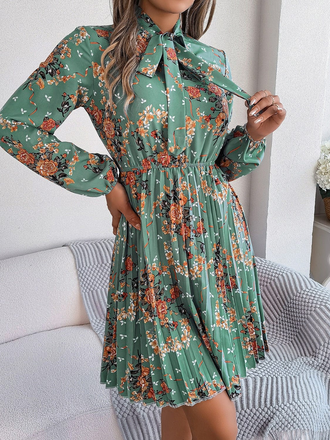 Trendsi Fall Pleated Printed Tie Neck Long Sleeve Dress Pleated Printed Tie Neck Long Sleeve Dress