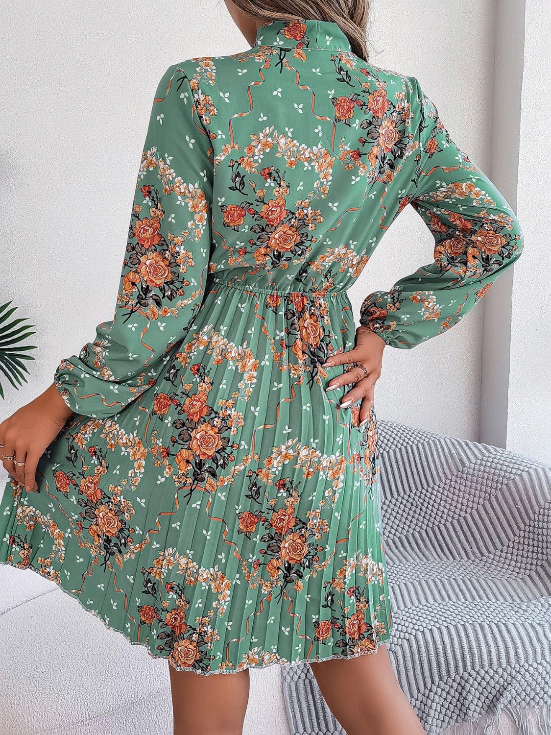 Trendsi Fall Pleated Printed Tie Neck Long Sleeve Dress Pleated Printed Tie Neck Long Sleeve Dress
