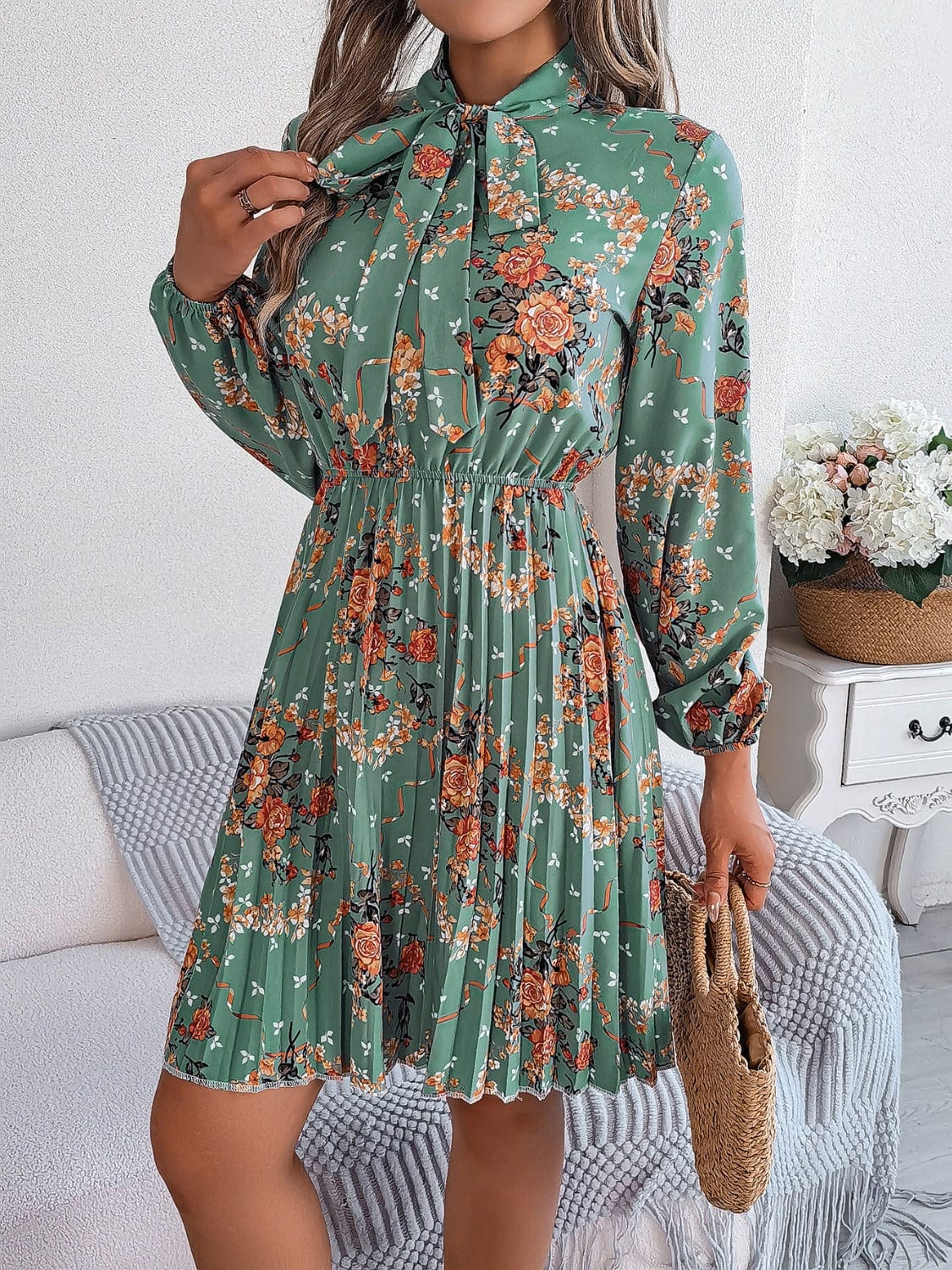 Trendsi Fall Pleated Printed Tie Neck Long Sleeve Dress Pleated Printed Tie Neck Long Sleeve Dress