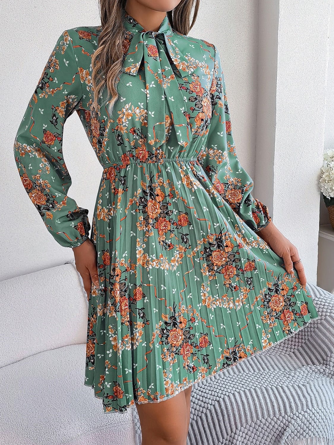 Trendsi Fall Pleated Printed Tie Neck Long Sleeve Dress Pleated Printed Tie Neck Long Sleeve Dress