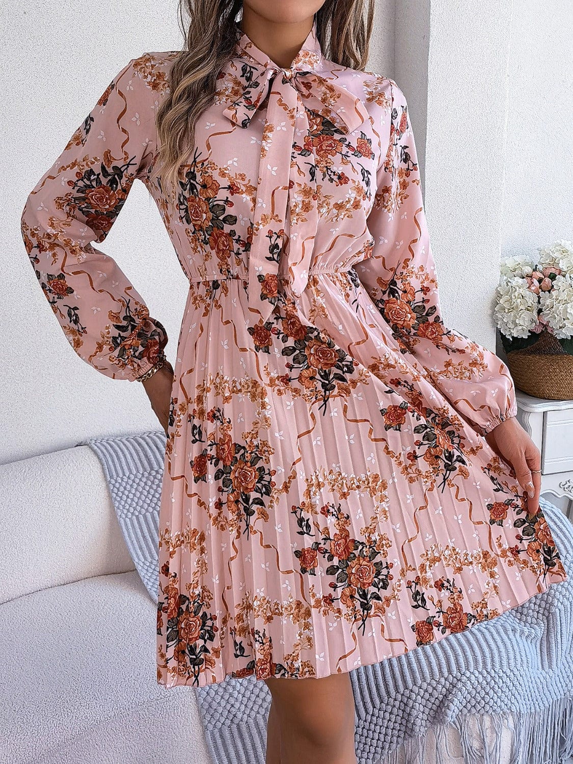 Trendsi Fall Pleated Printed Tie Neck Long Sleeve Dress Pleated Printed Tie Neck Long Sleeve Dress