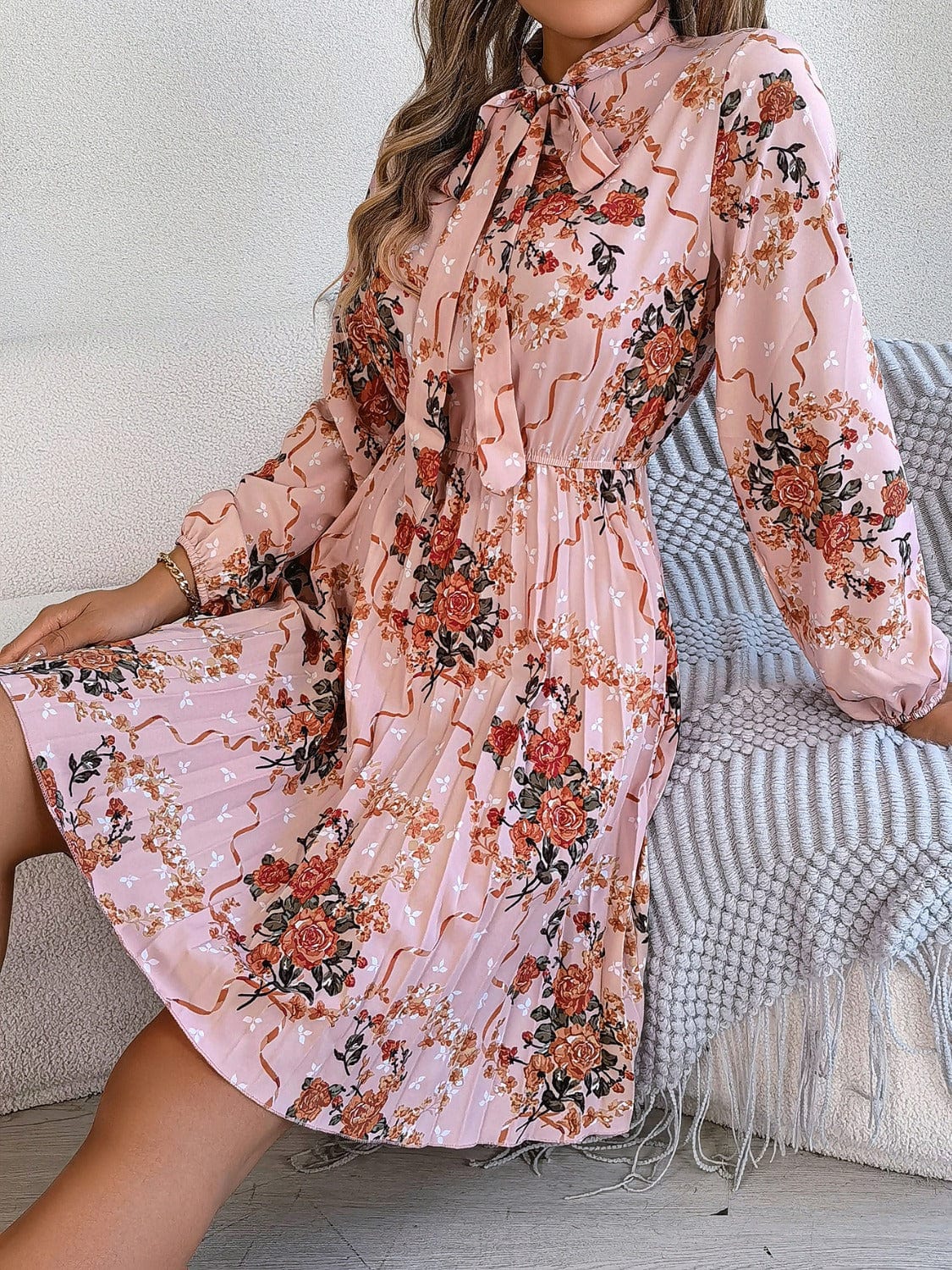 Trendsi Fall Pleated Printed Tie Neck Long Sleeve Dress Pleated Printed Tie Neck Long Sleeve Dress