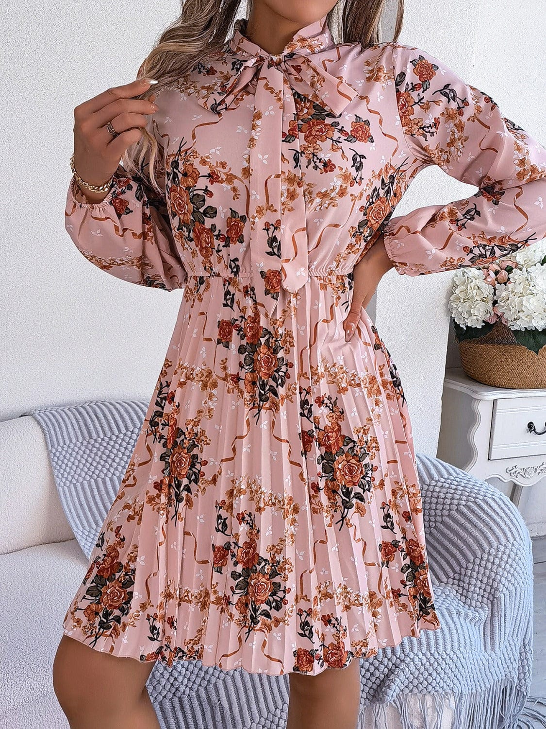 Trendsi Fall Pleated Printed Tie Neck Long Sleeve Dress Pleated Printed Tie Neck Long Sleeve Dress