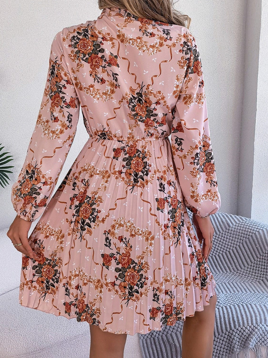 Trendsi Fall Pleated Printed Tie Neck Long Sleeve Dress Pleated Printed Tie Neck Long Sleeve Dress
