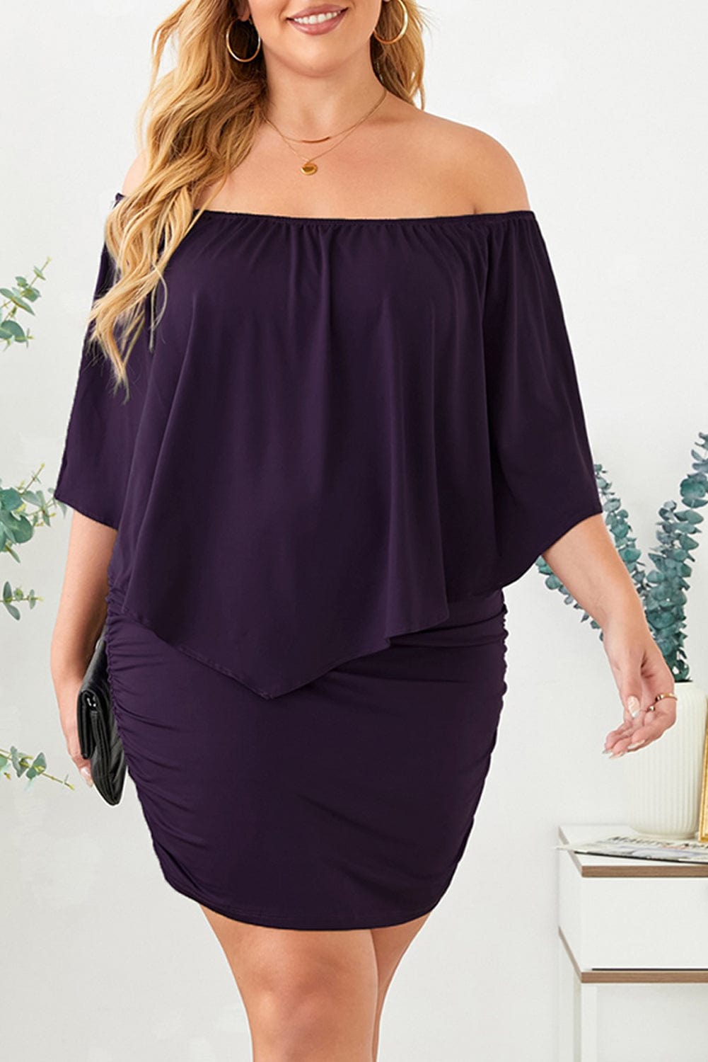 Trendsi Fall Plum / S Full Size Off-Shoulder Half Sleeve Dress Full Size Off-Shoulder Half Sleeve Dress