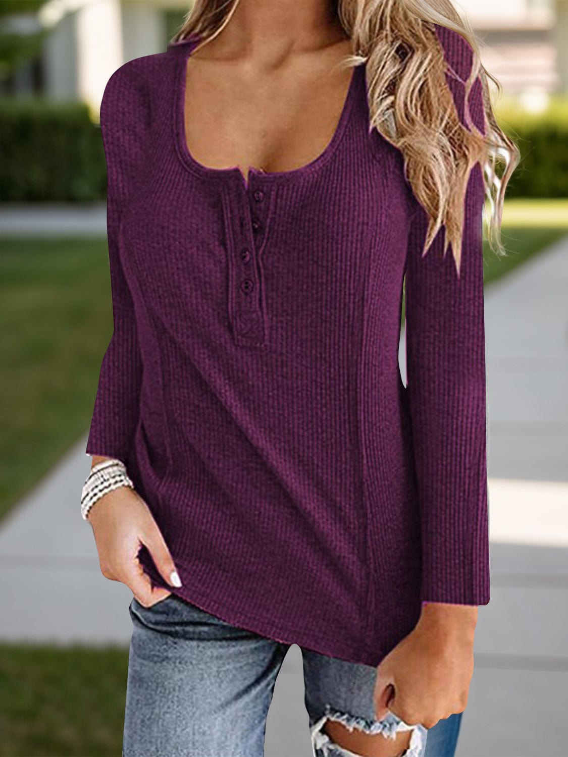 Trendsi Fall Plum / S Full Size Scoop Neck Long Sleeve T-Shirt Full Size Scoop Neck Long Sleeve T-Shirt