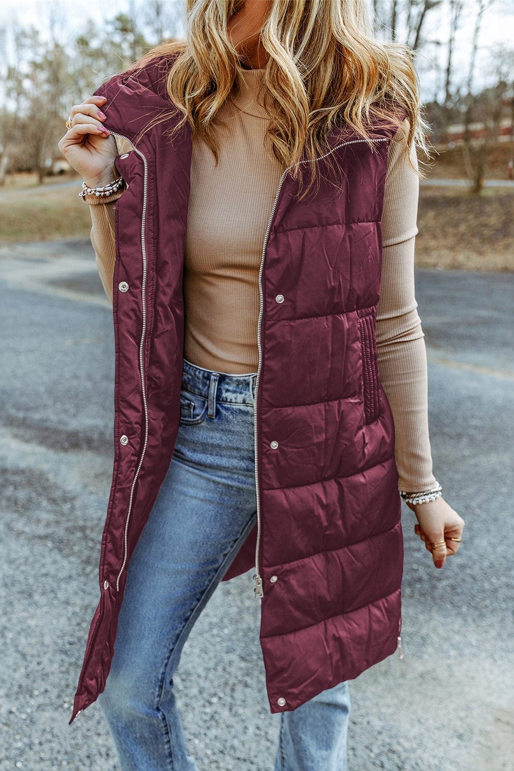Trendsi Fall Plum / S Longline Hooded Sleeveless Puffer Vest Longline Hooded Sleeveless Puffer Vest