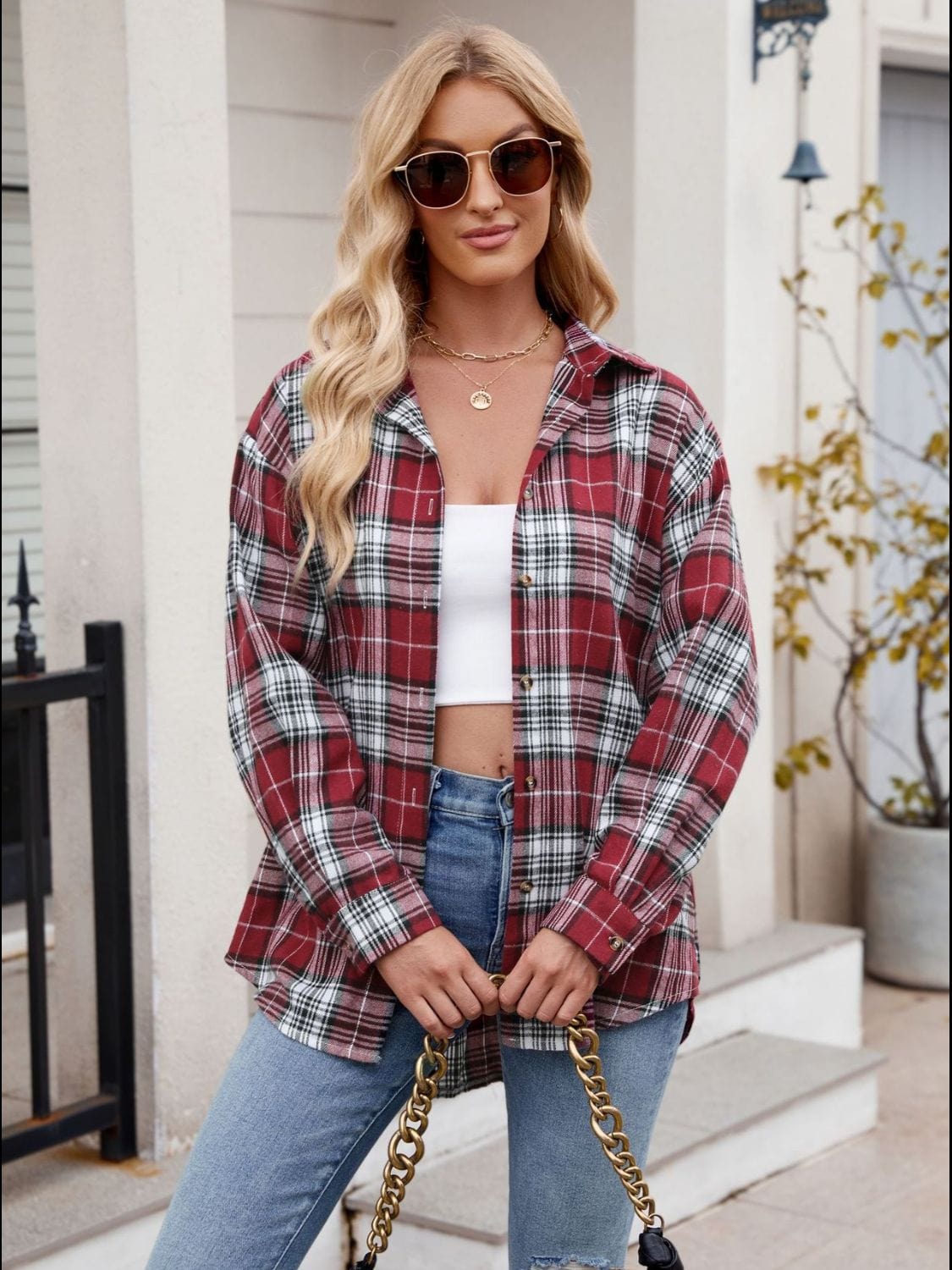 Trendsi Fall Pocketed Plaid Collared Neck Long Sleeve Shirt Pocketed Plaid Collared Neck Long Sleeve Shirt