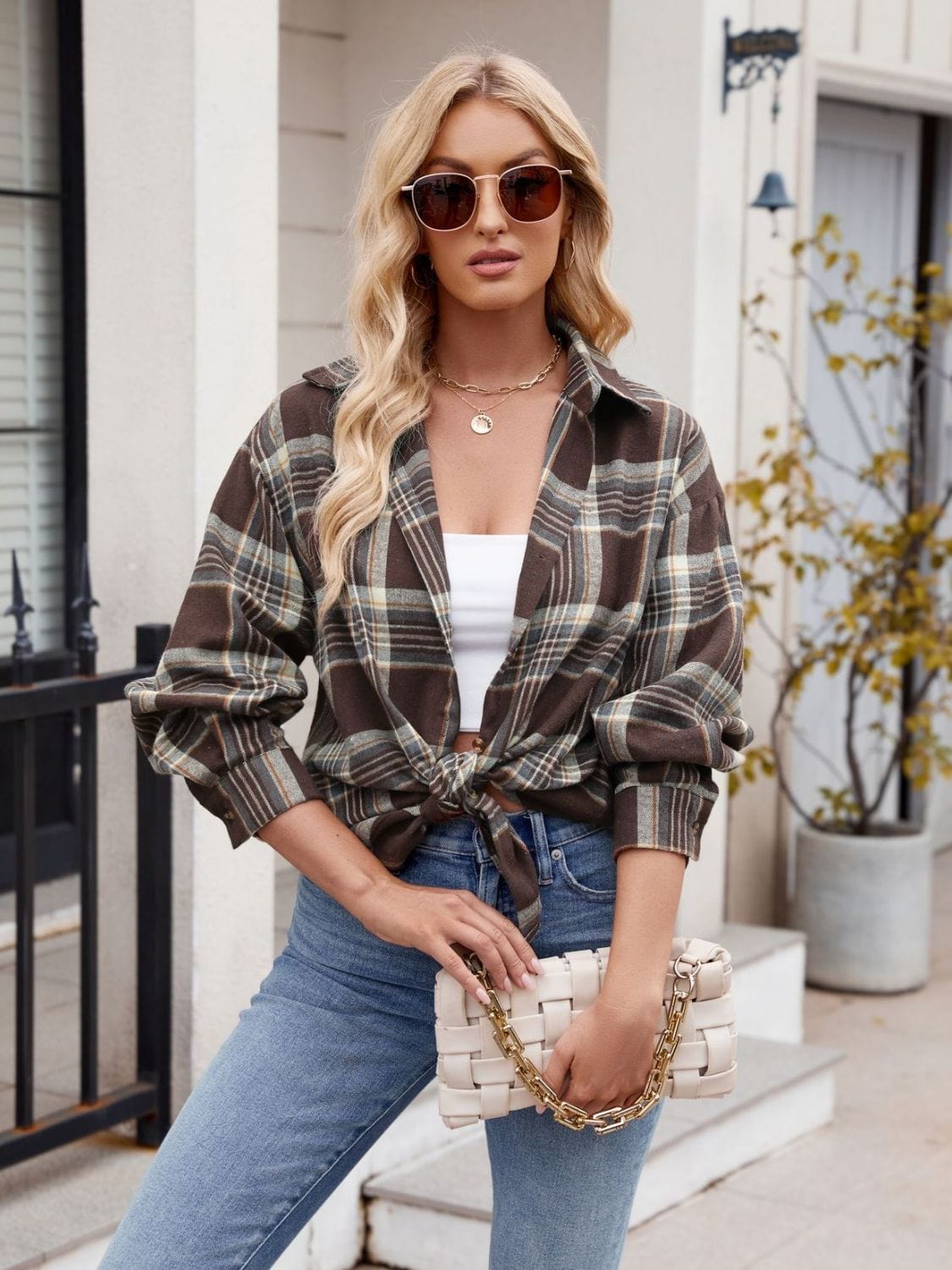 Trendsi Fall Pocketed Plaid Collared Neck Long Sleeve Shirt Pocketed Plaid Collared Neck Long Sleeve Shirt