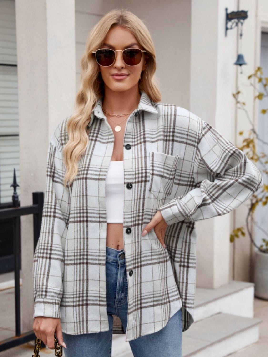 Trendsi Fall Pocketed Plaid Collared Neck Long Sleeve Shirt Pocketed Plaid Collared Neck Long Sleeve Shirt