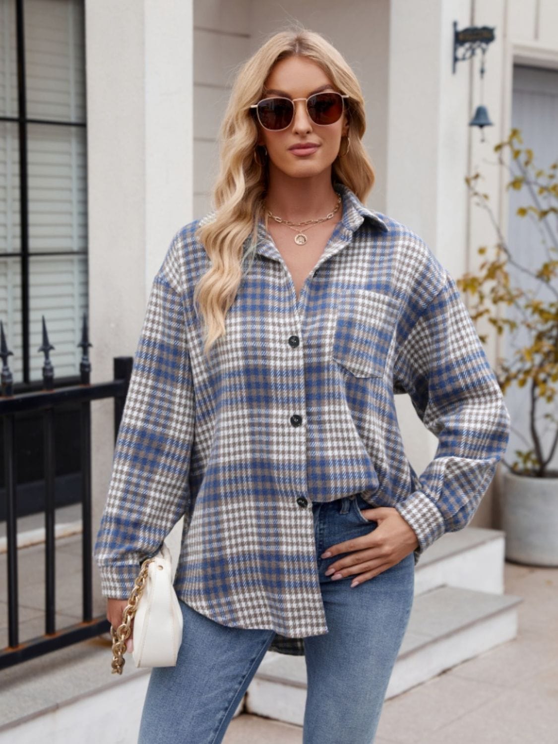 Trendsi Fall Pocketed Plaid Collared Neck Long Sleeve Shirt Pocketed Plaid Collared Neck Long Sleeve Shirt