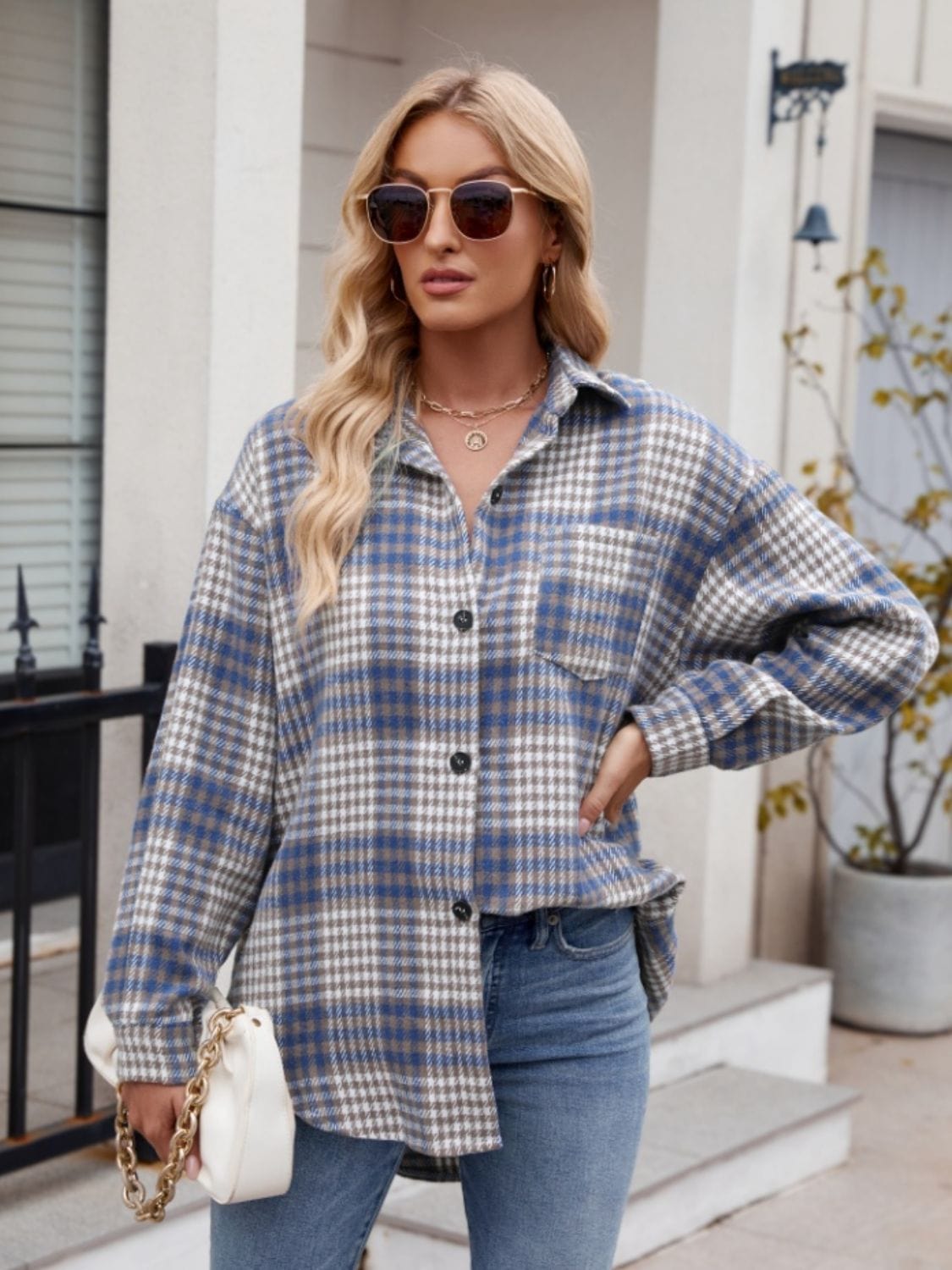 Trendsi Fall Pocketed Plaid Collared Neck Long Sleeve Shirt Pocketed Plaid Collared Neck Long Sleeve Shirt