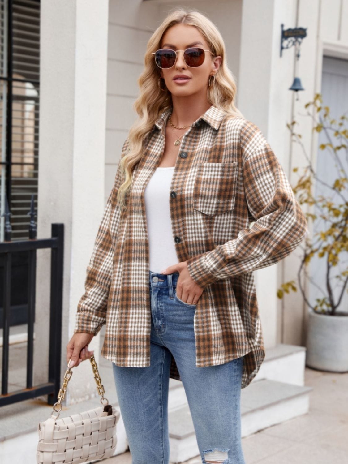 Trendsi Fall Pocketed Plaid Collared Neck Long Sleeve Shirt Pocketed Plaid Collared Neck Long Sleeve Shirt