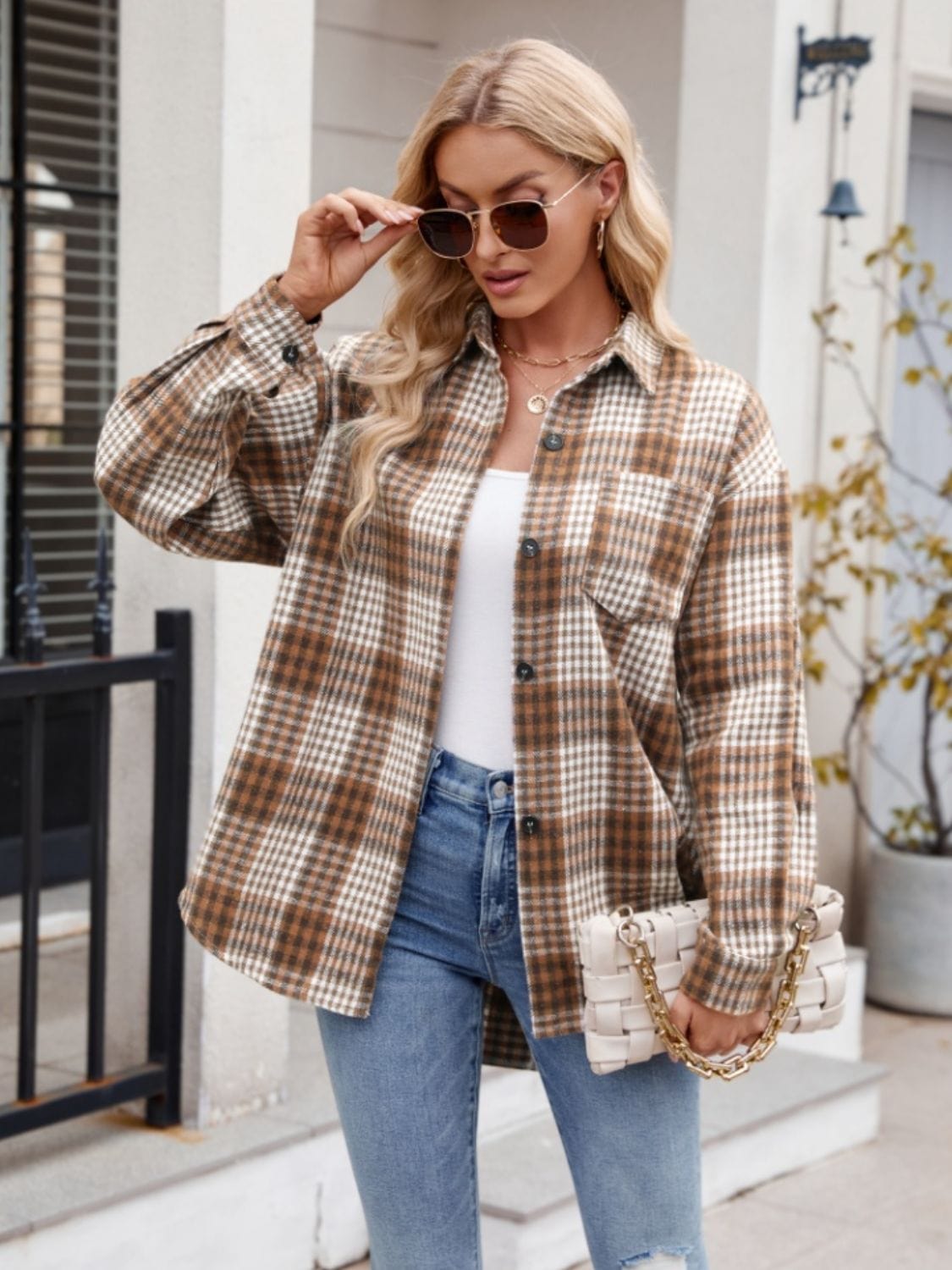 Trendsi Fall Pocketed Plaid Collared Neck Long Sleeve Shirt Pocketed Plaid Collared Neck Long Sleeve Shirt