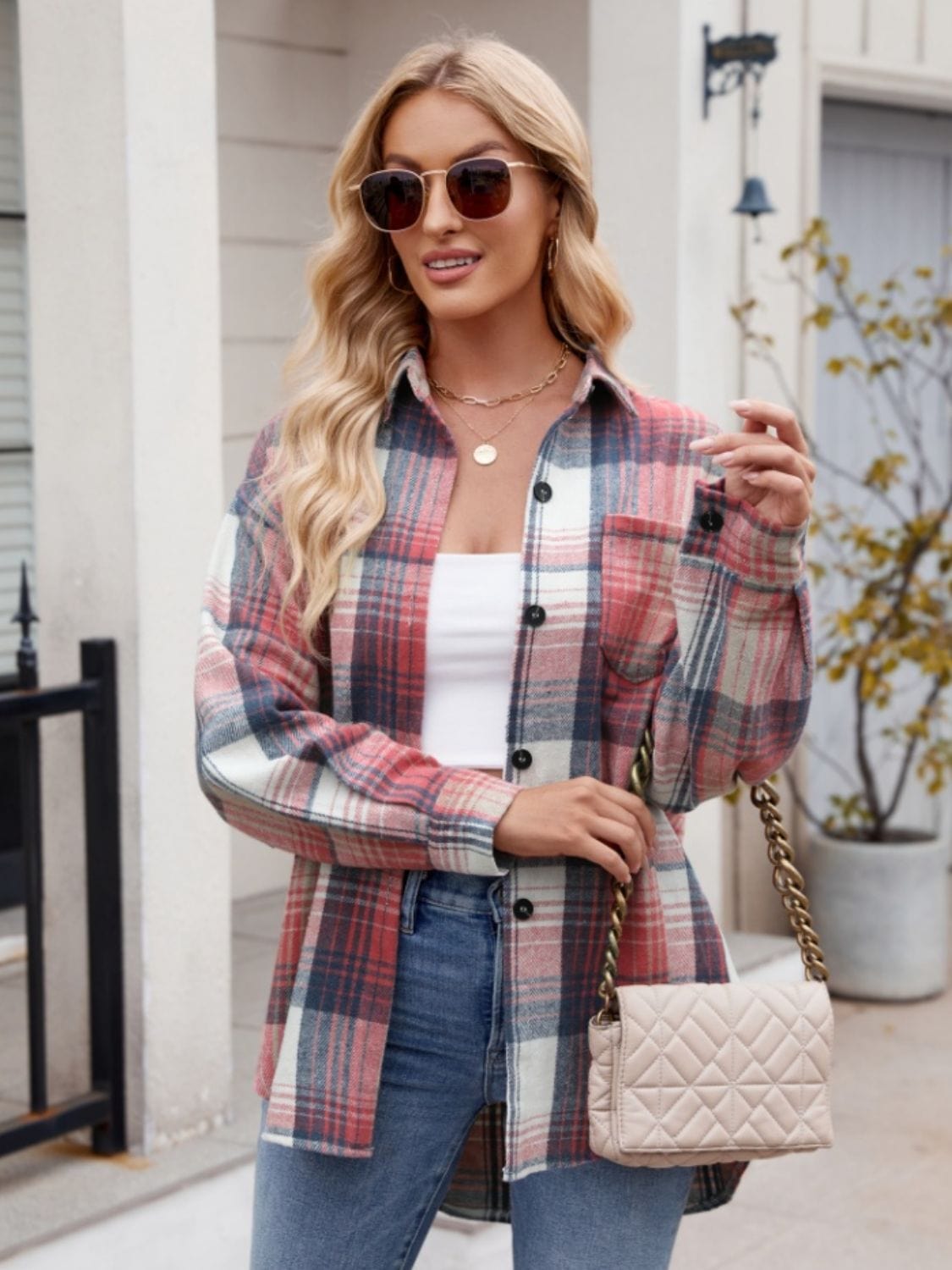 Trendsi Fall Pocketed Plaid Collared Neck Long Sleeve Shirt Pocketed Plaid Collared Neck Long Sleeve Shirt