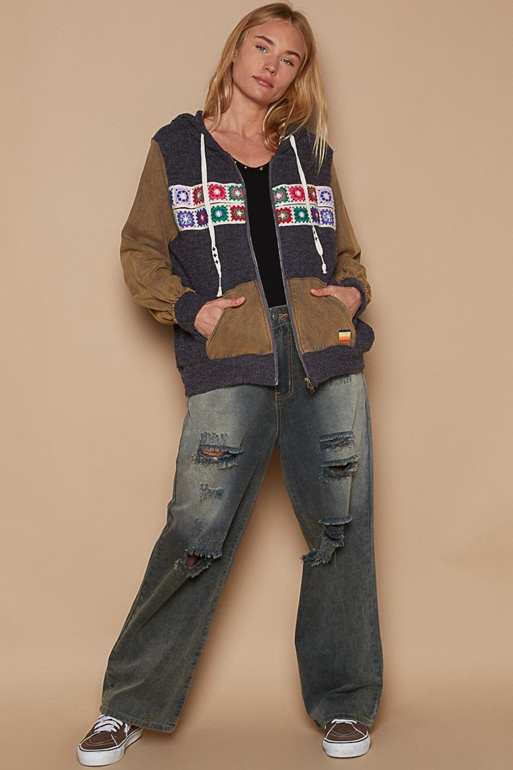 Trendsi Fall POL Contrast Square Patch Pattern Hooded Zipper Jacket POL Contrast Square Patch Pattern Hooded Zipper Jacket