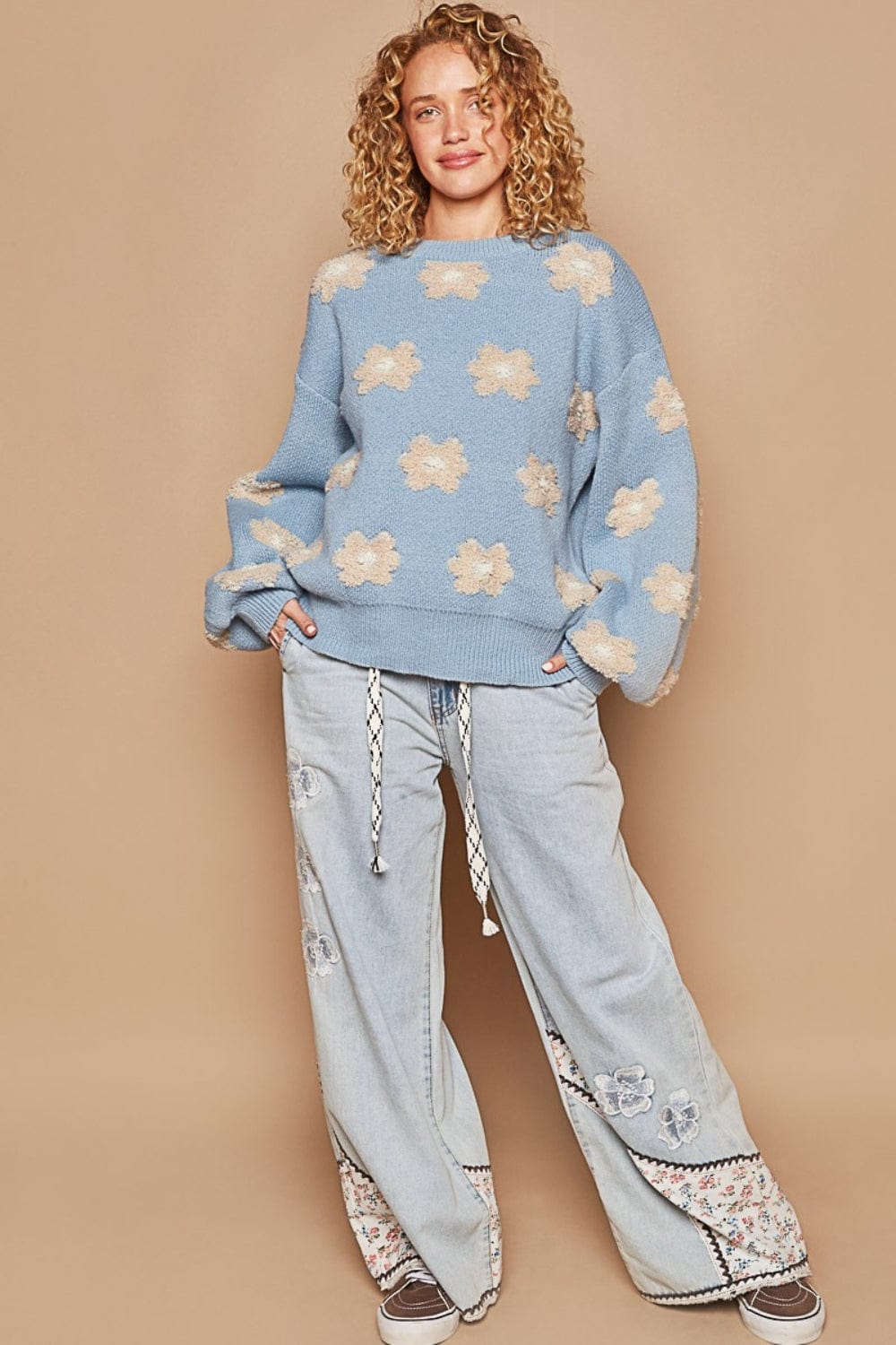 Trendsi Fall POL Daisy Pattern Drop Shoulder Sweater POL Daisy Pattern Drop Shoulder Sweater