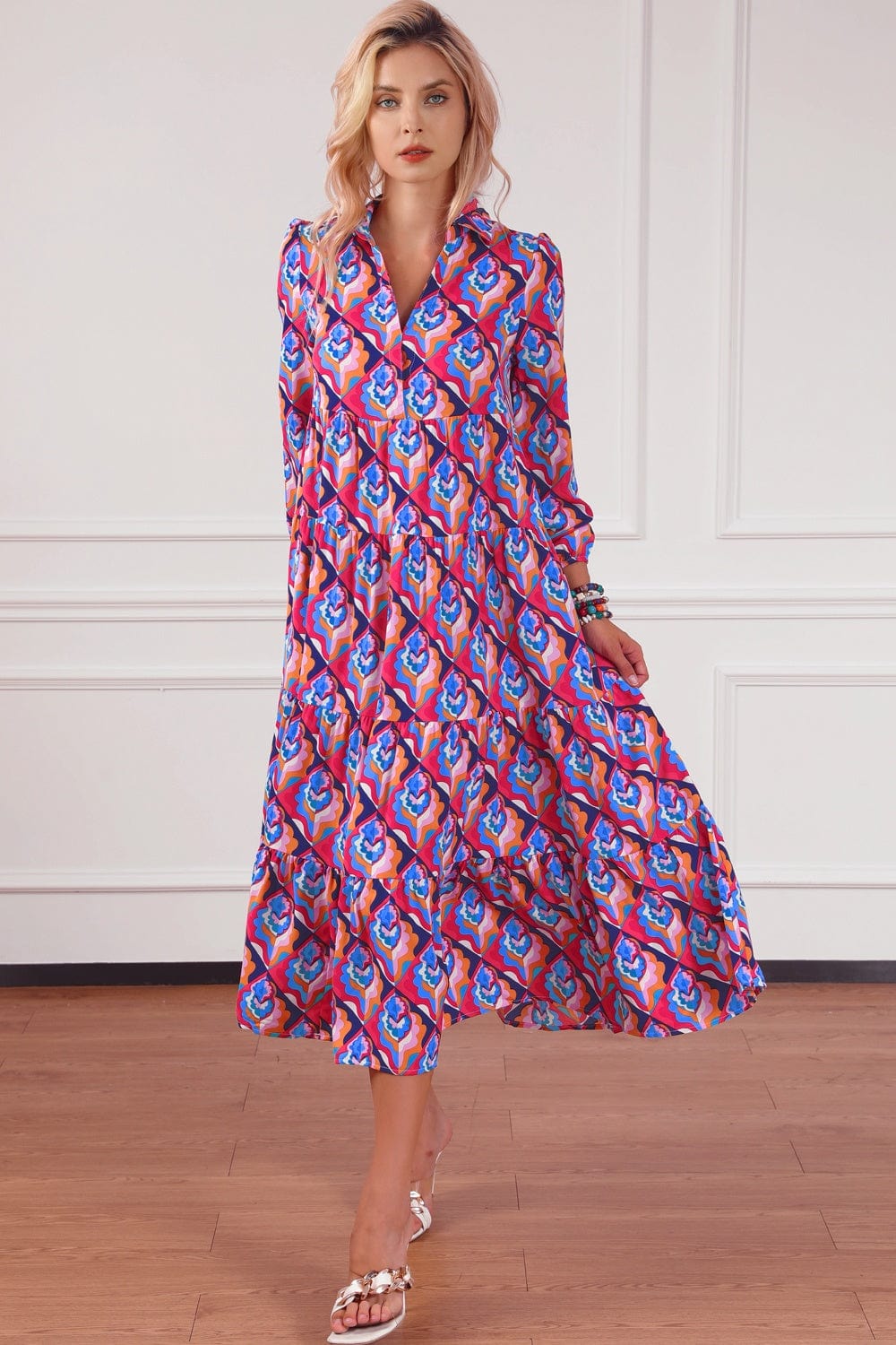 Trendsi Fall Printed Collared Neck Long Sleeve Midi Dress Printed Collared Neck Long Sleeve Midi Dress