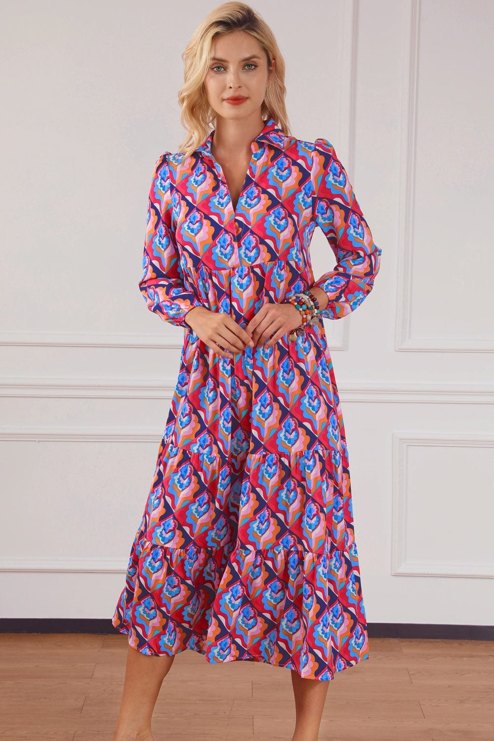 Trendsi Fall Printed Collared Neck Long Sleeve Midi Dress Printed Collared Neck Long Sleeve Midi Dress