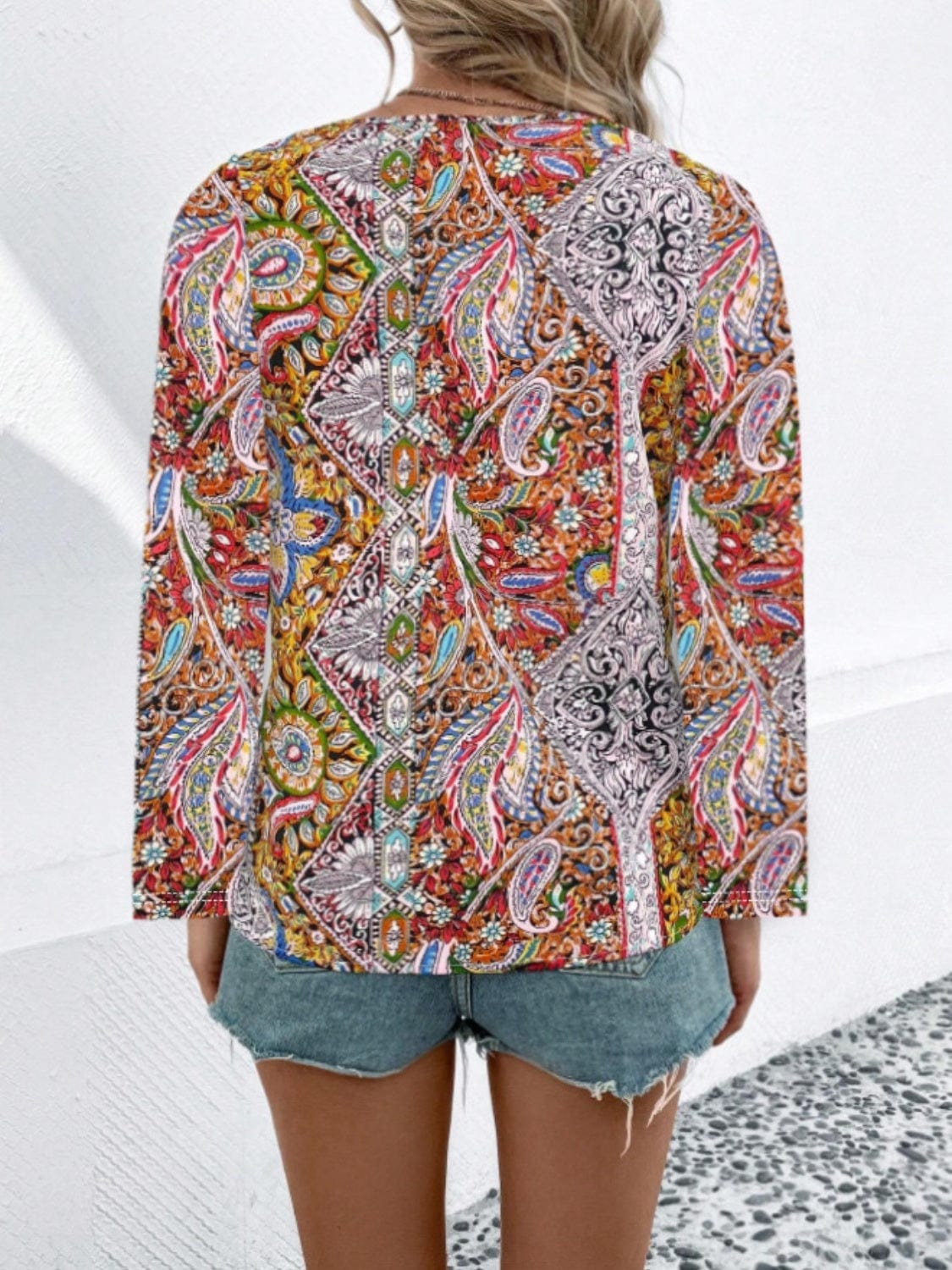 Trendsi Fall Printed V-Neck Long Sleeve Blouse Printed V-Neck Long Sleeve Blouse