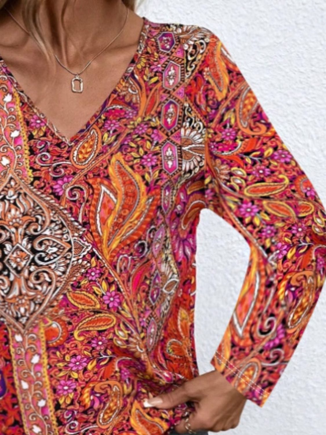 Trendsi Fall Printed V-Neck Long Sleeve Blouse Printed V-Neck Long Sleeve Blouse