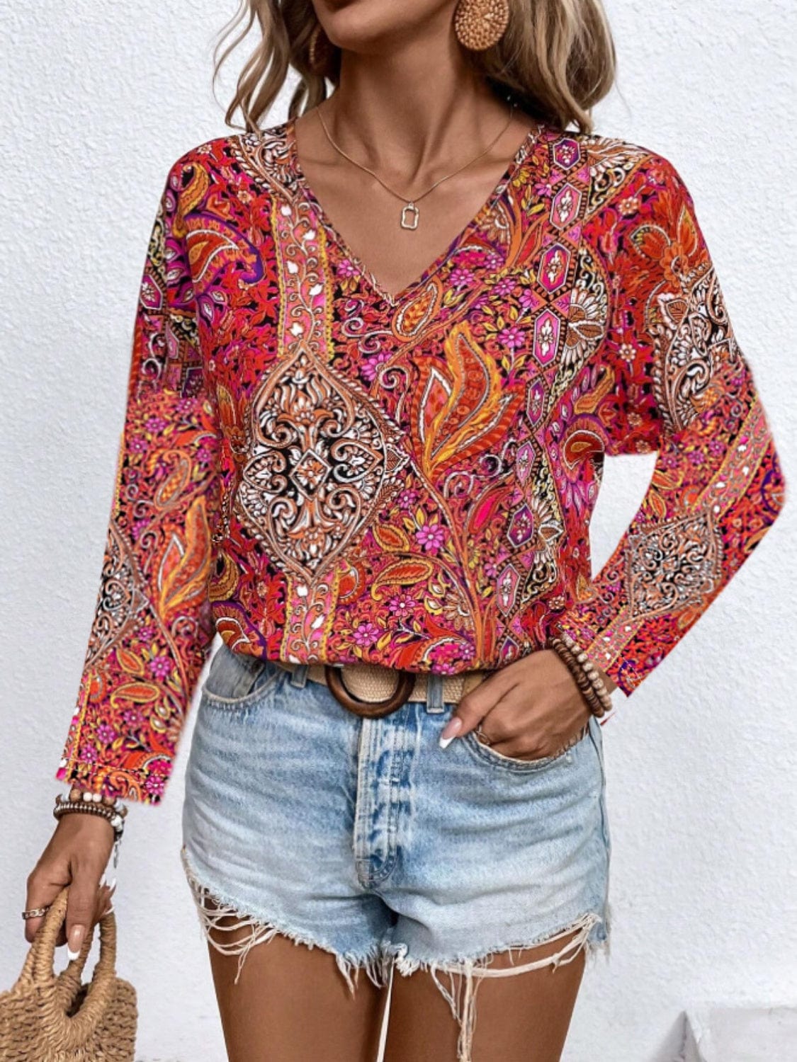 Trendsi Fall Printed V-Neck Long Sleeve Blouse Printed V-Neck Long Sleeve Blouse