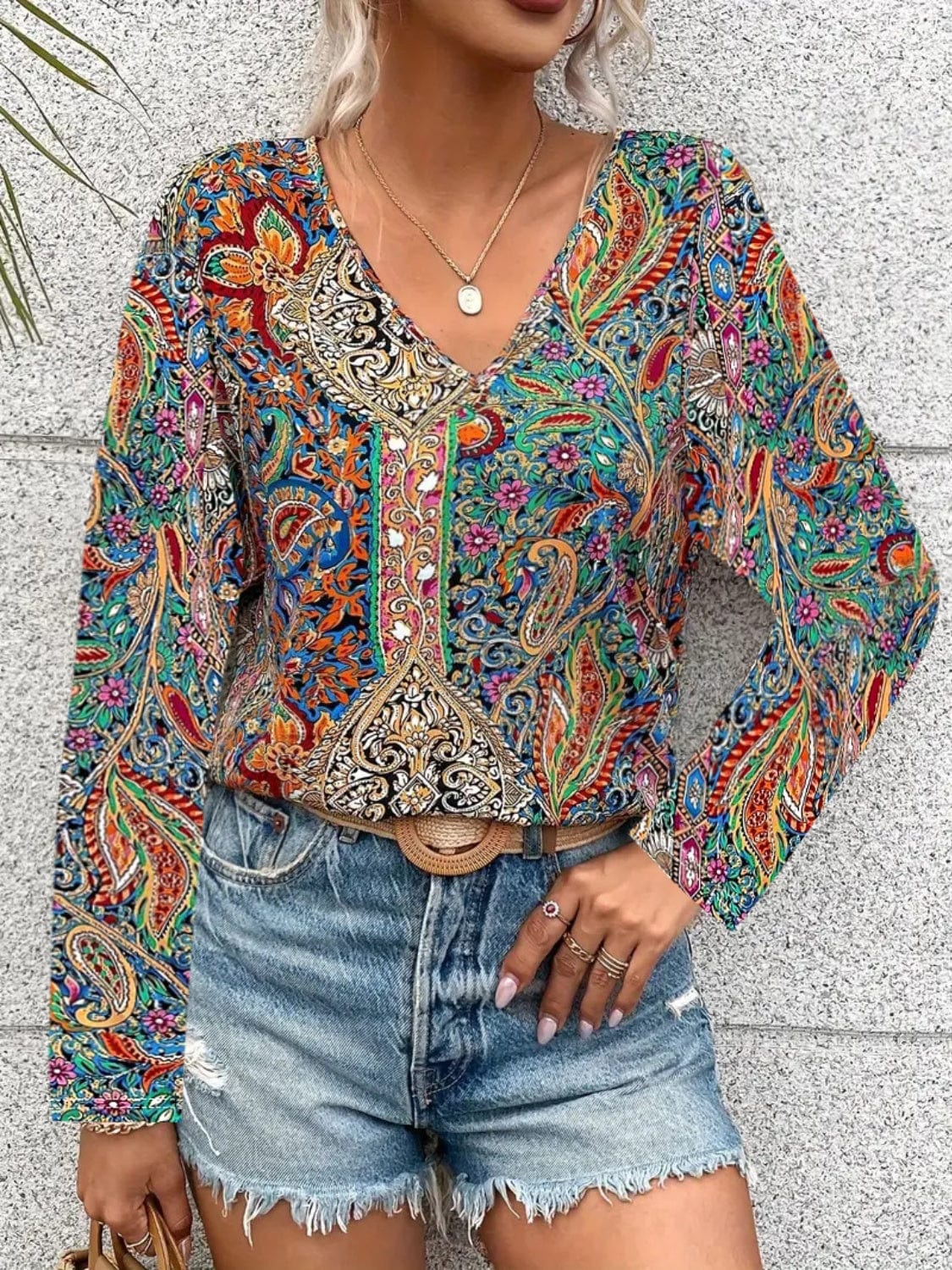 Trendsi Fall Printed V-Neck Long Sleeve Blouse Printed V-Neck Long Sleeve Blouse