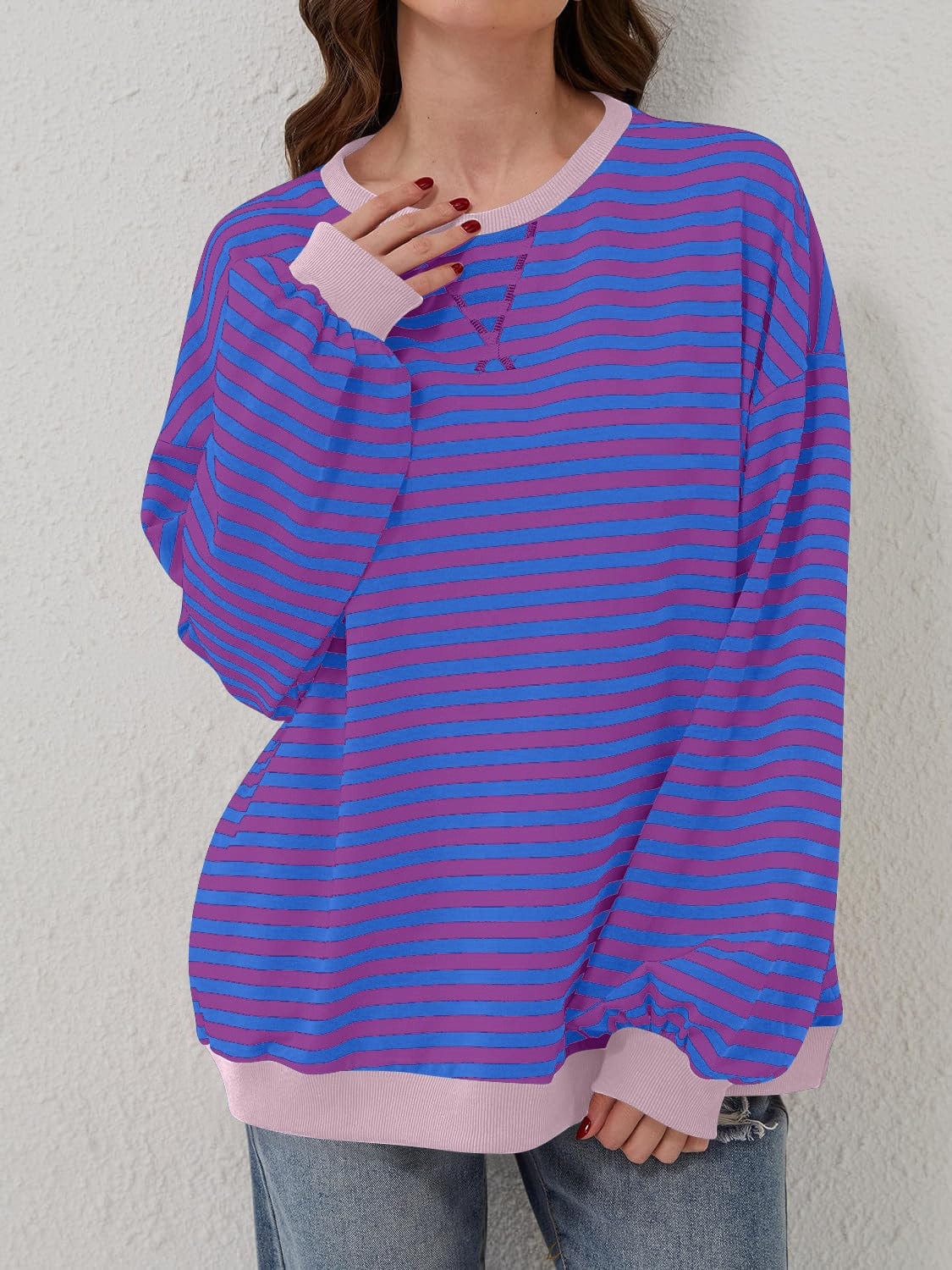 Trendsi Fall Purple / S Contrast Striped Long Sleeve Sweatshirt Contrast Striped Long Sleeve Sweatshirt