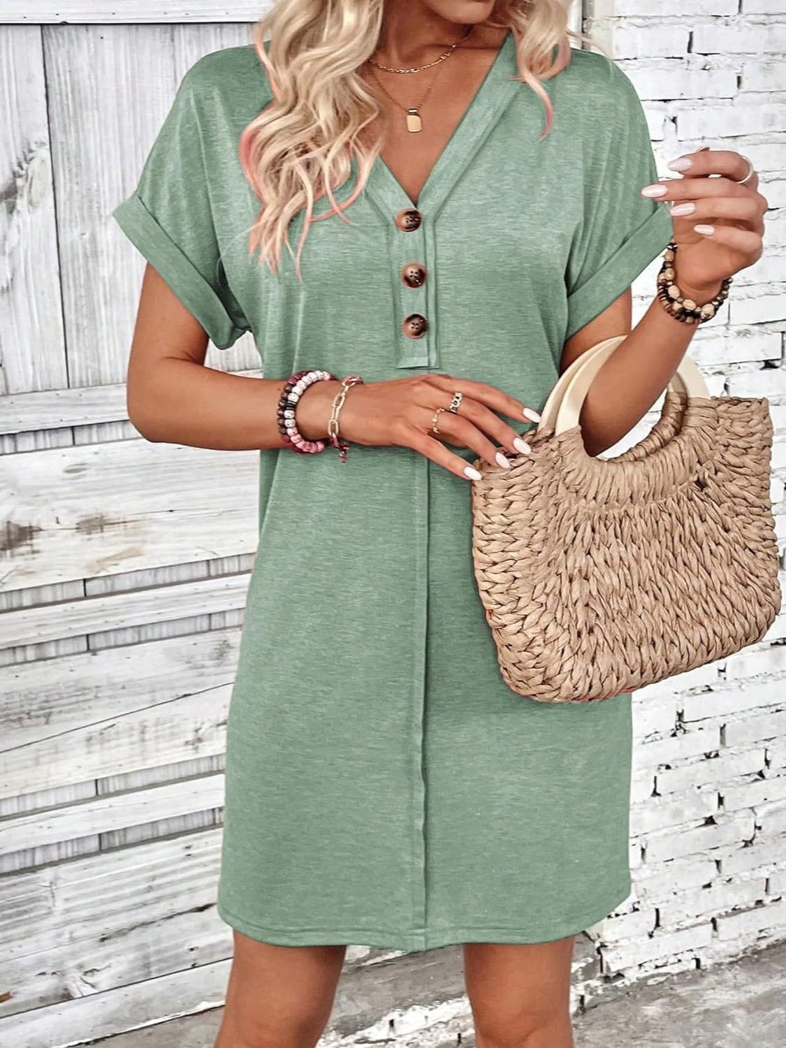 Trendsi Fall Quarter Button V-Neck Short Sleeve Dress Quarter Button V-Neck Short Sleeve Dress