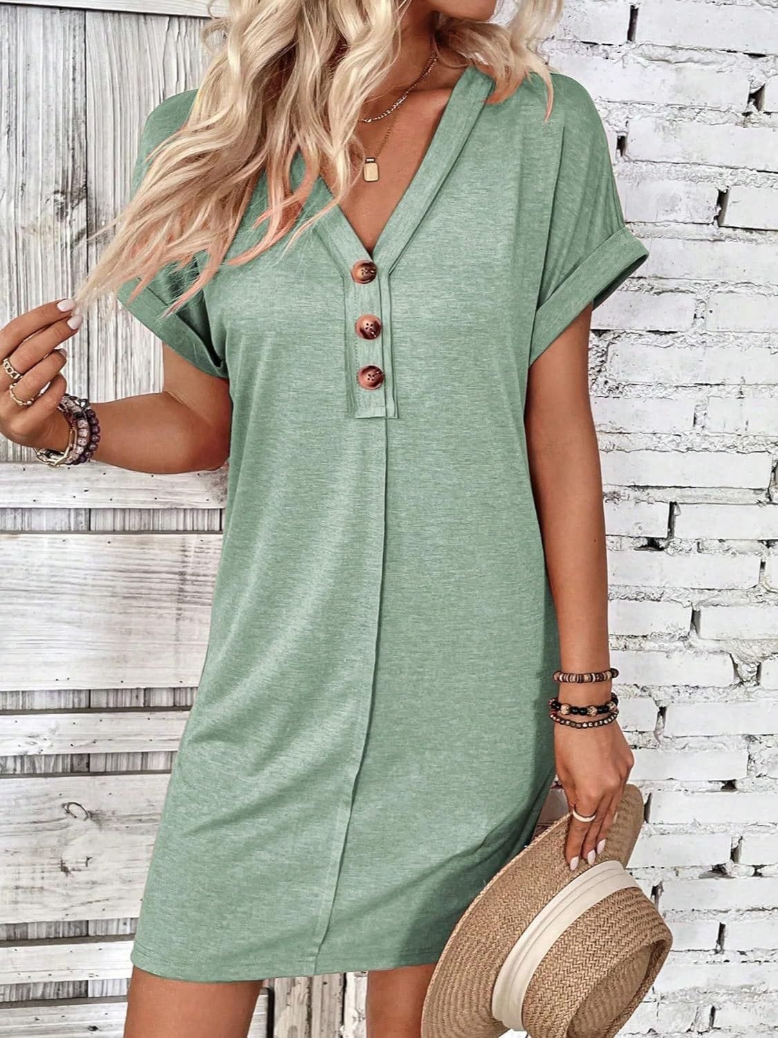 Trendsi Fall Quarter Button V-Neck Short Sleeve Dress Quarter Button V-Neck Short Sleeve Dress