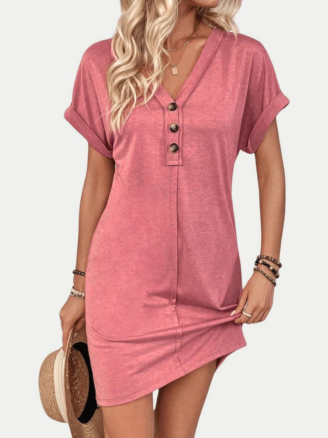 Trendsi Fall Quarter Button V-Neck Short Sleeve Dress Quarter Button V-Neck Short Sleeve Dress