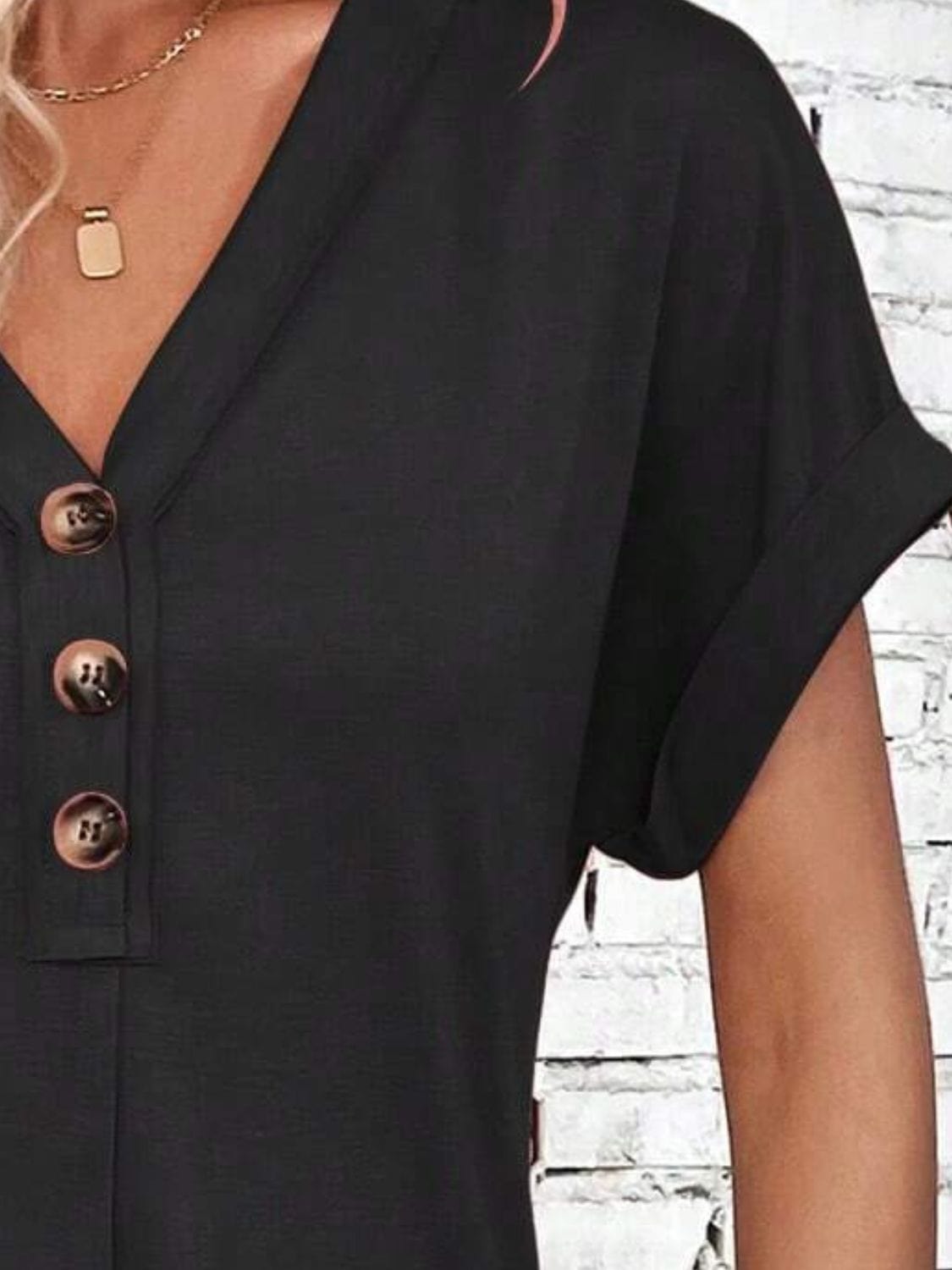 Trendsi Fall Quarter Button V-Neck Short Sleeve Dress Quarter Button V-Neck Short Sleeve Dress