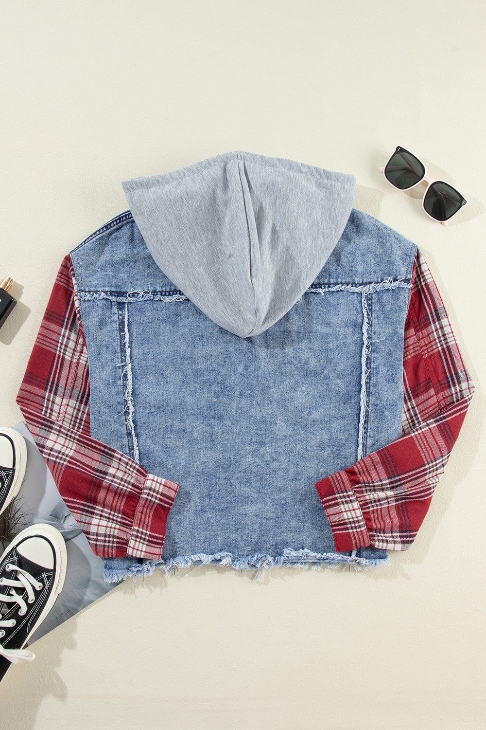 Trendsi Fall Raw Hem Drawstring Plaid Denim Jacket Raw Hem Drawstring Plaid Denim Jacket