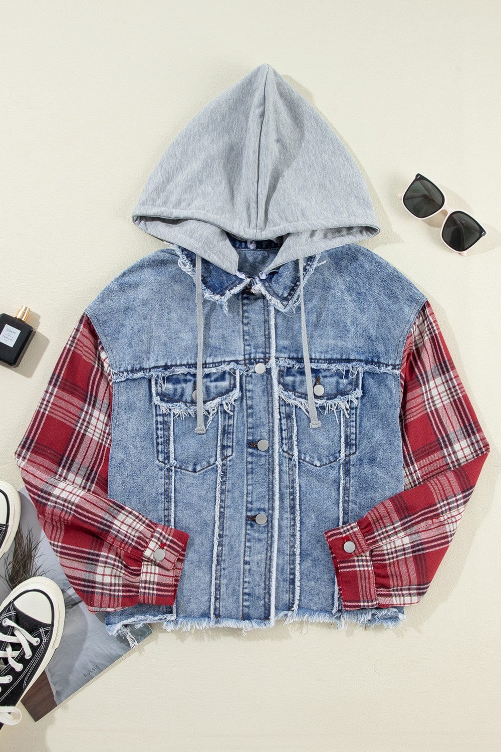 Trendsi Fall Raw Hem Drawstring Plaid Denim Jacket Raw Hem Drawstring Plaid Denim Jacket