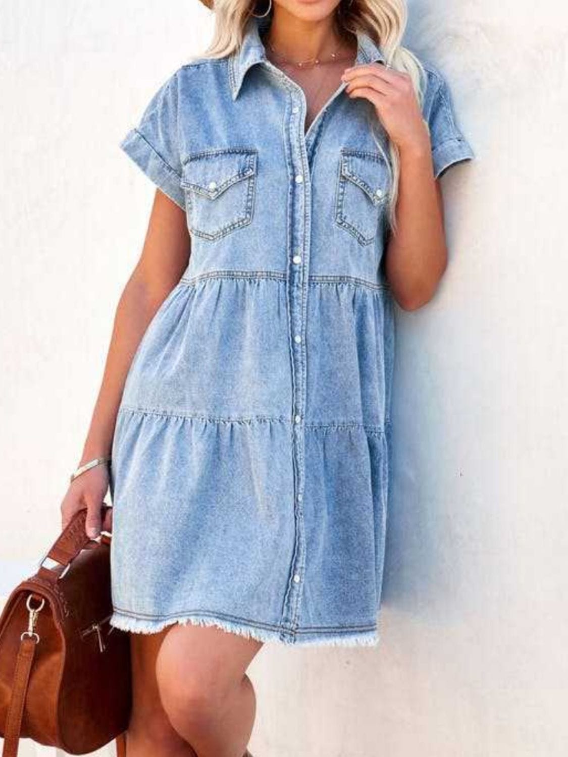 Trendsi Fall Raw Hem Short Sleeve Denim Dress Raw Hem Short Sleeve Denim Dress