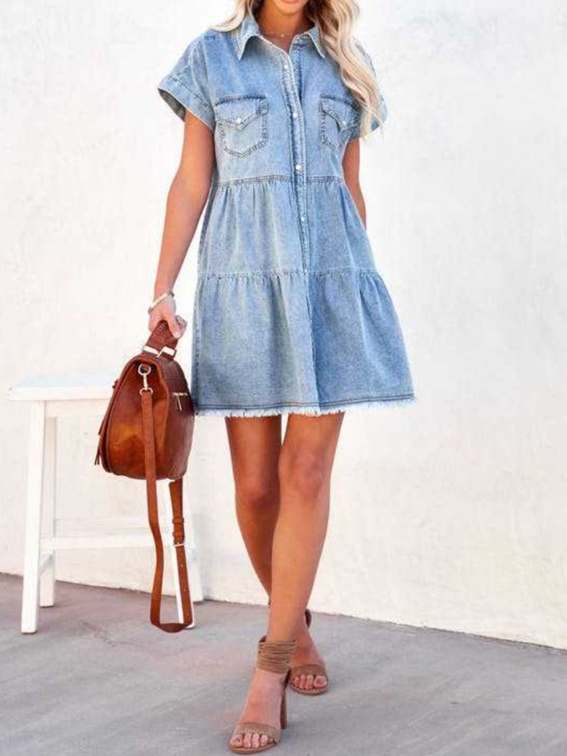 Trendsi Fall Raw Hem Short Sleeve Denim Dress Raw Hem Short Sleeve Denim Dress