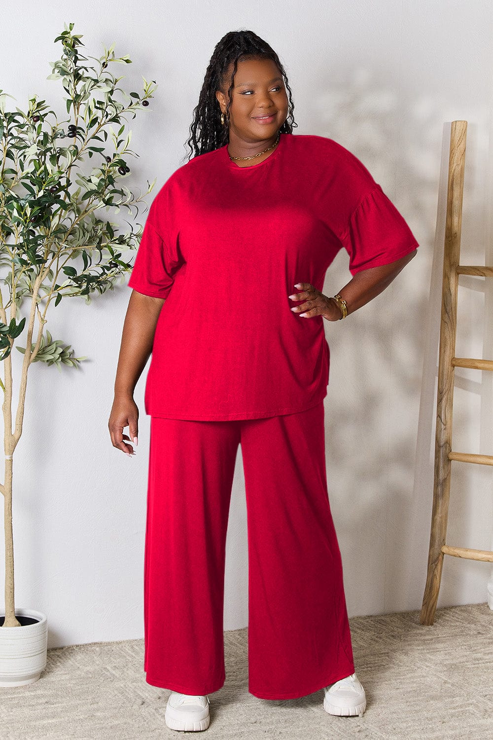 Trendsi Fall Red / S Double Take Full Size Round Neck Slit Top and Pants Set Double Take Full Size Round Neck Slit Top and Pants Set