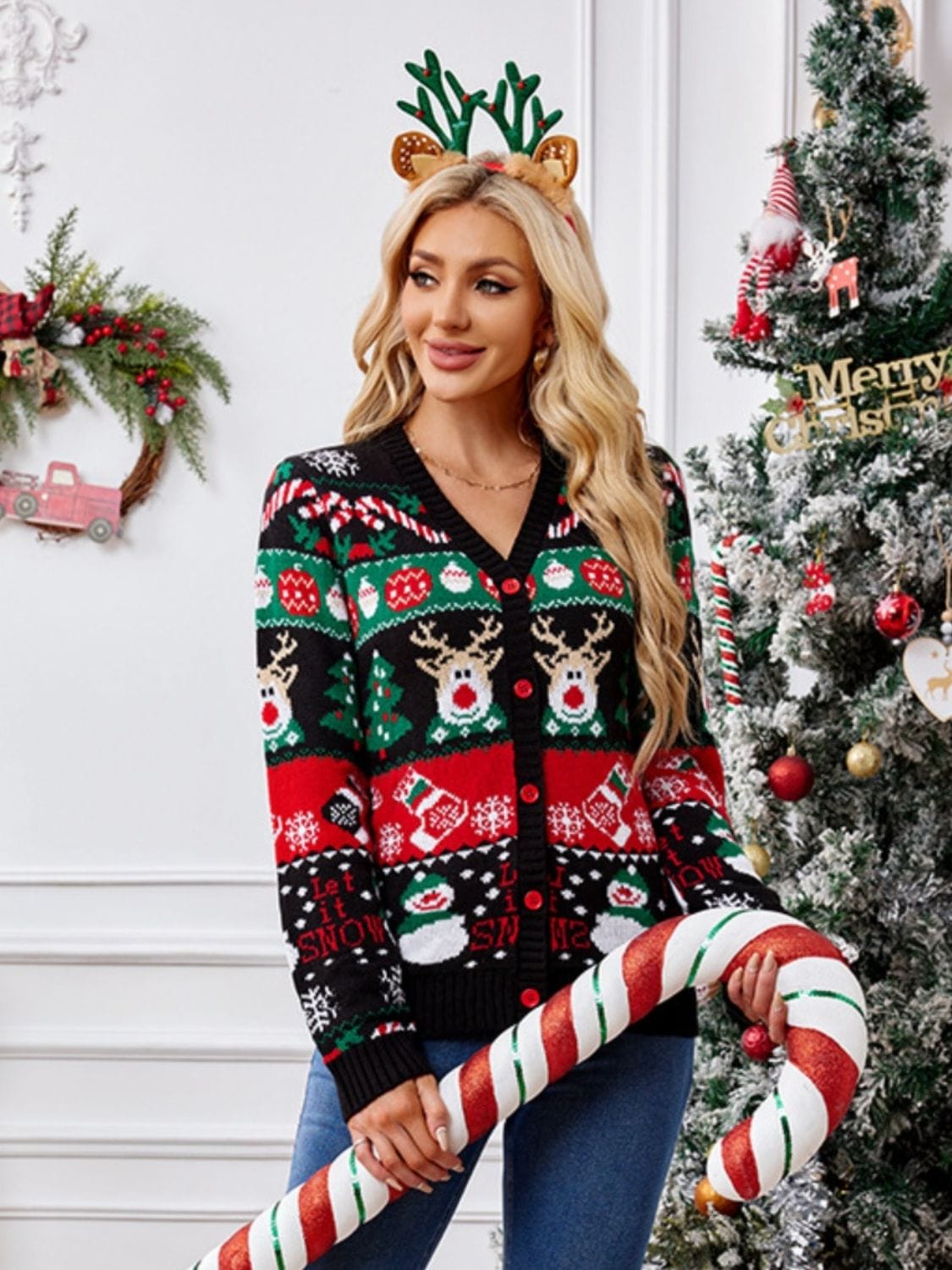 Trendsi Fall Reindeer Button Up Long Sleeve Cardigan Reindeer Button Up Long Sleeve Cardigan