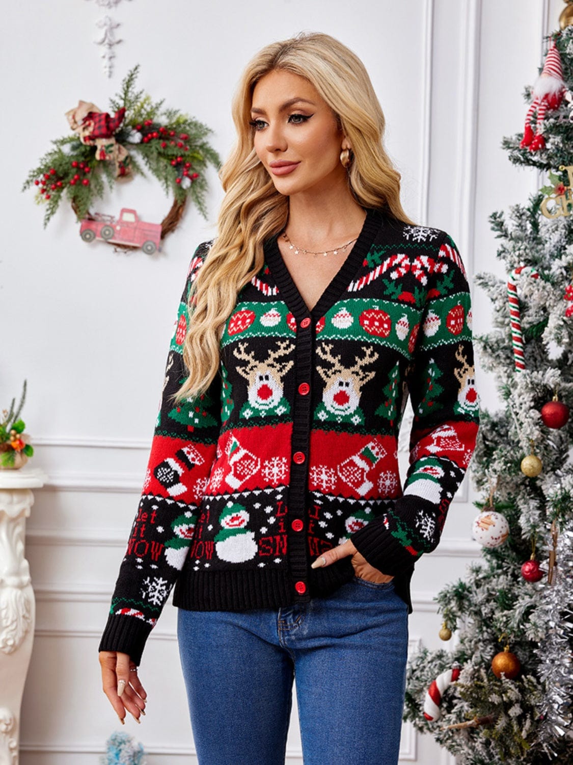 Trendsi Fall Reindeer Button Up Long Sleeve Cardigan Reindeer Button Up Long Sleeve Cardigan