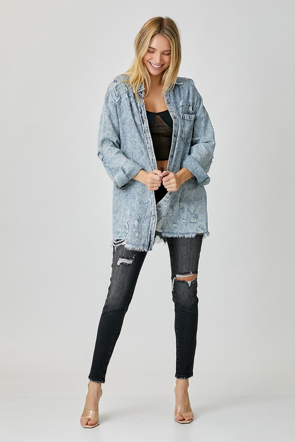 Trendsi Fall RISEN Distressed Raw Hem Denim Shirt RISEN Distressed Raw Hem Denim Shirt