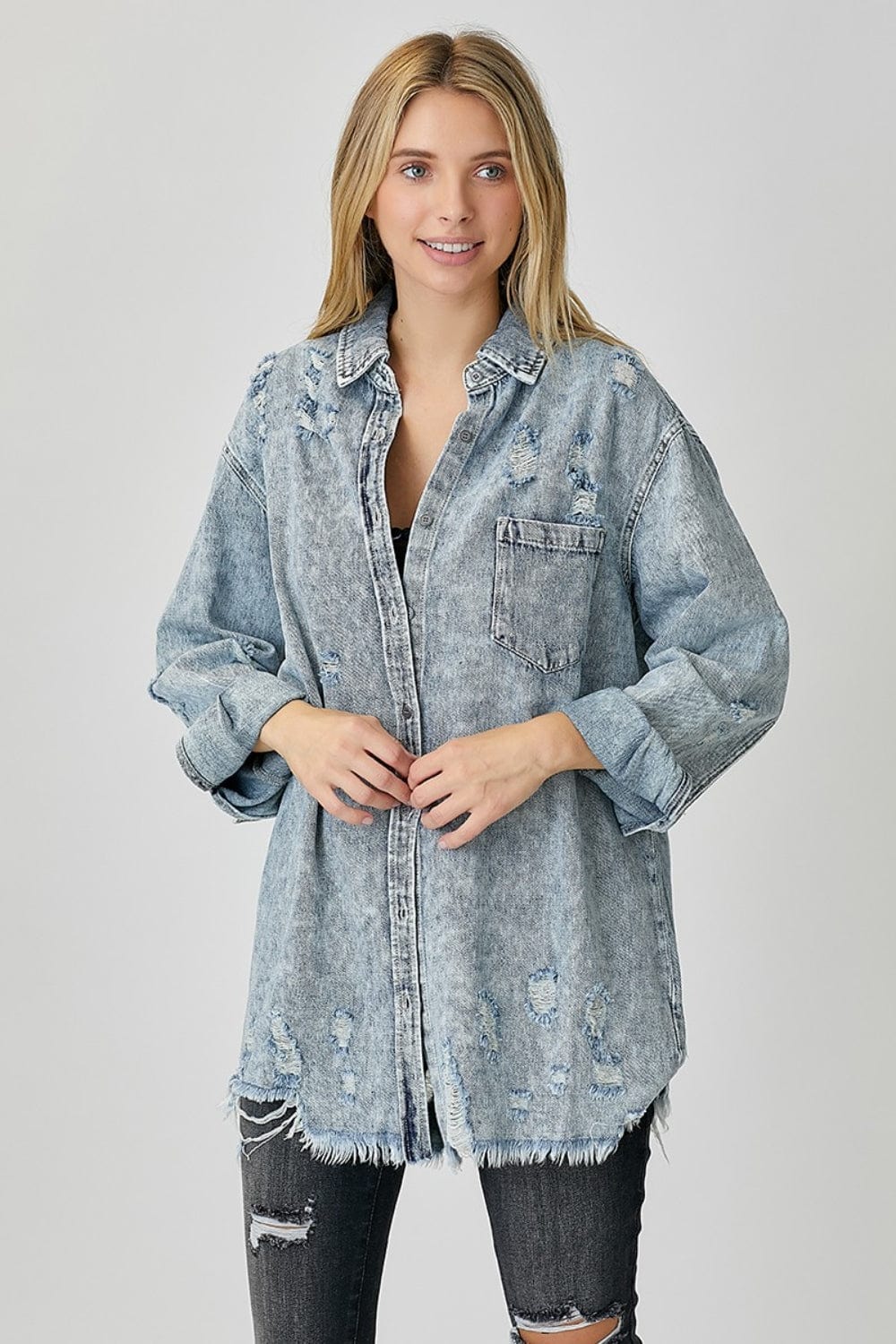 Trendsi Fall RISEN Distressed Raw Hem Denim Shirt RISEN Distressed Raw Hem Denim Shirt